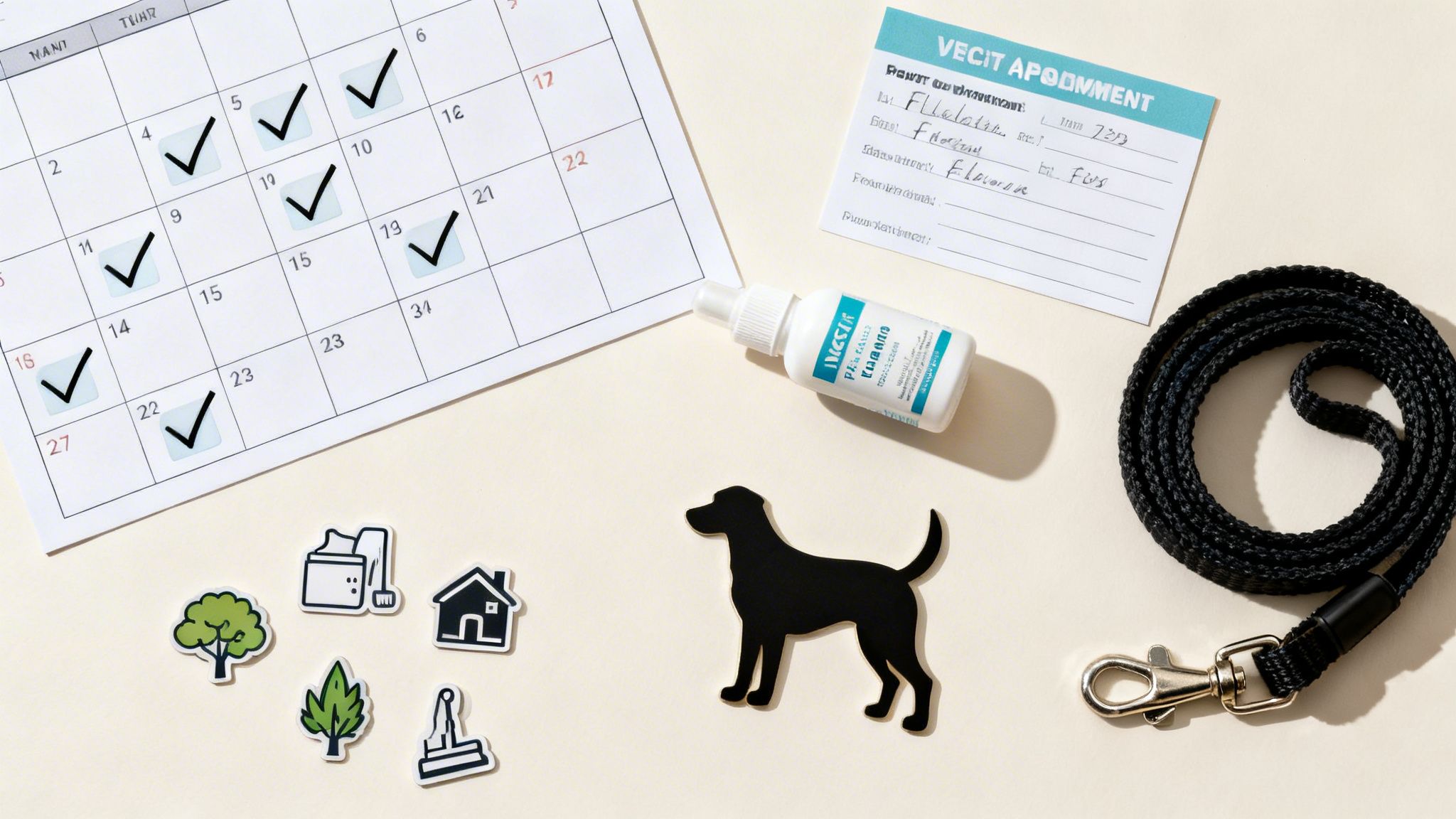 A flat lay of pet care items, including a calendar, medication bottle, dog leash, and appointment card.