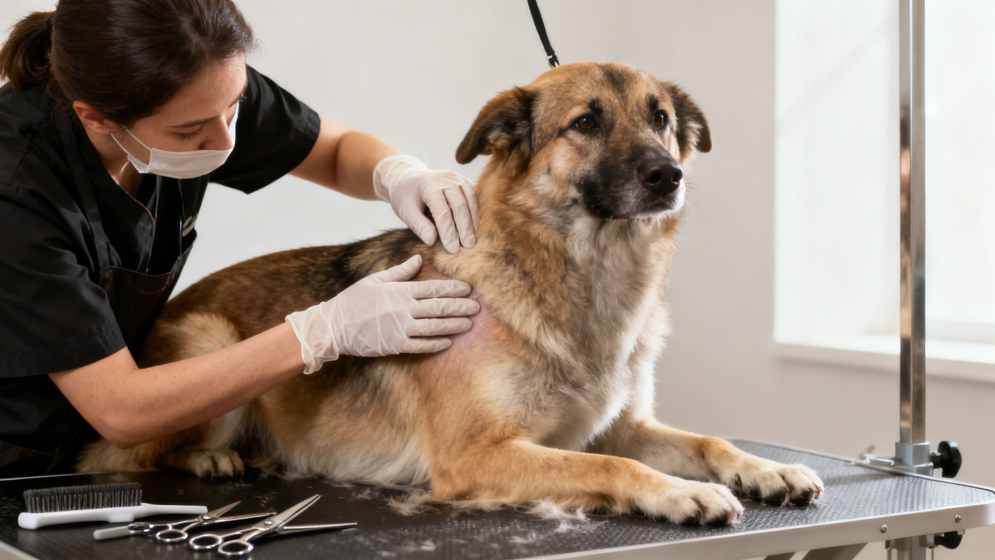 A masked groomer wearing gloves examines a dog's fur on a grooming table, suggesting treatment.