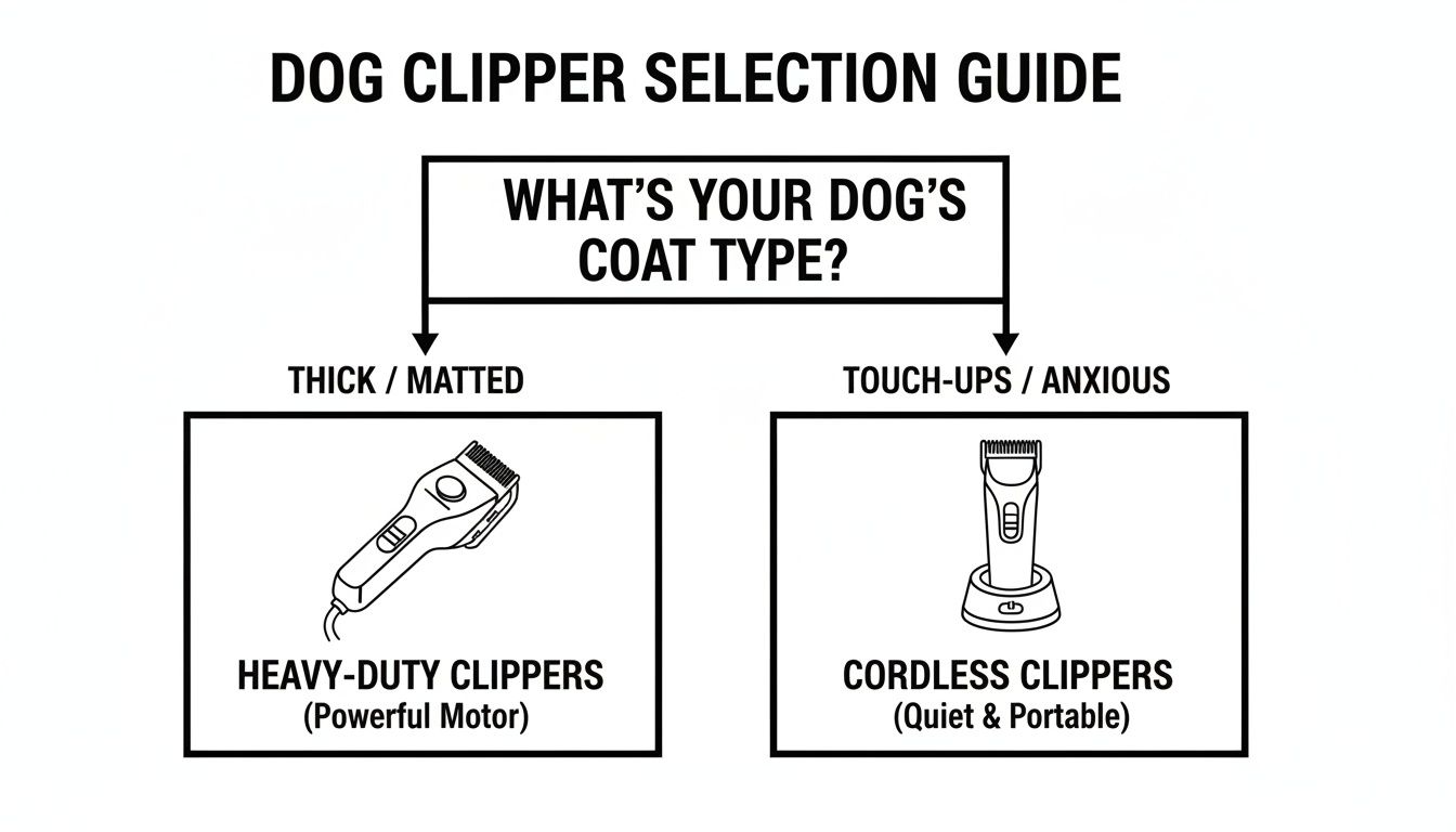 A dog clipper selection guide illustrating recommended clippers for different coat types and grooming needs.