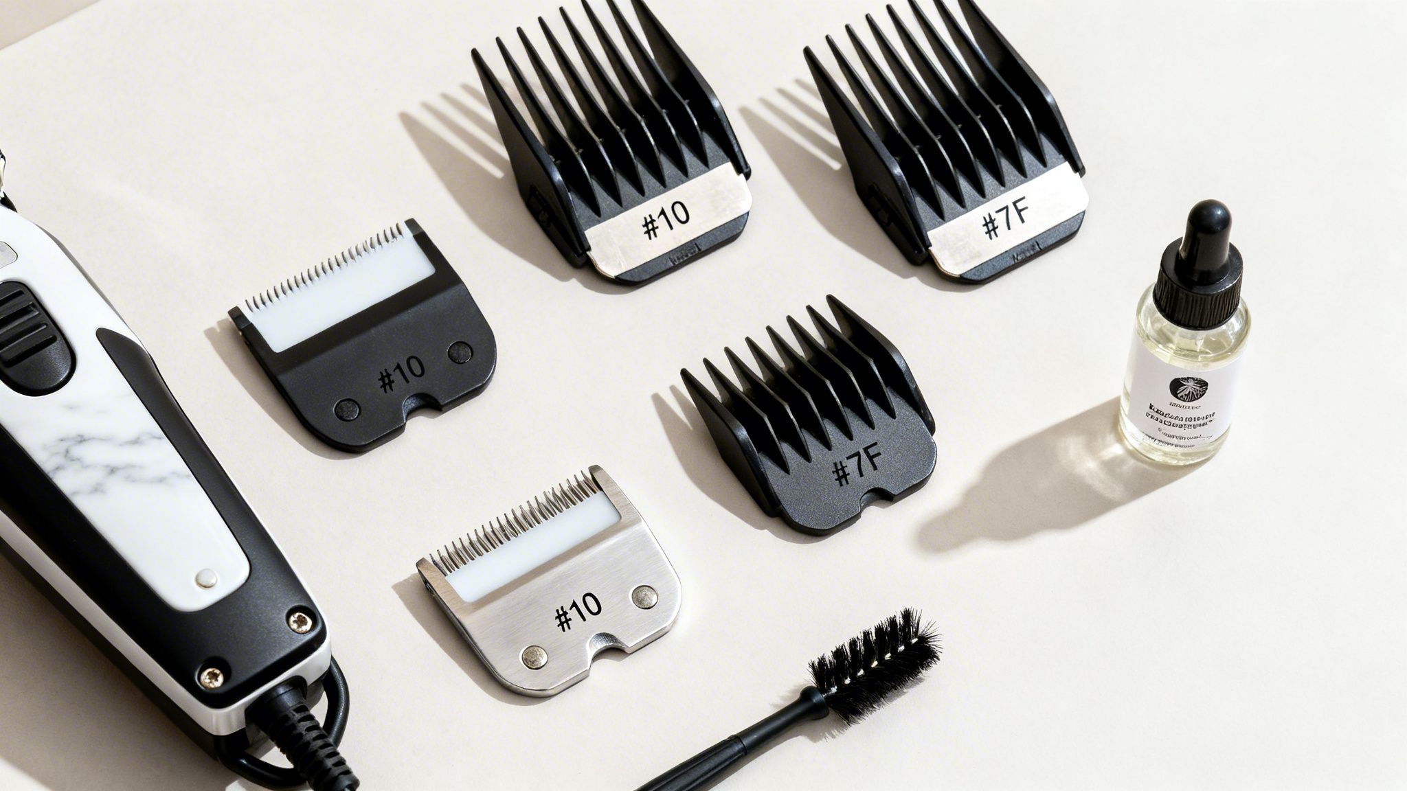 A collection of dog grooming tools including an electric clipper, various guide combs, blades, oil, and a cleaning brush.