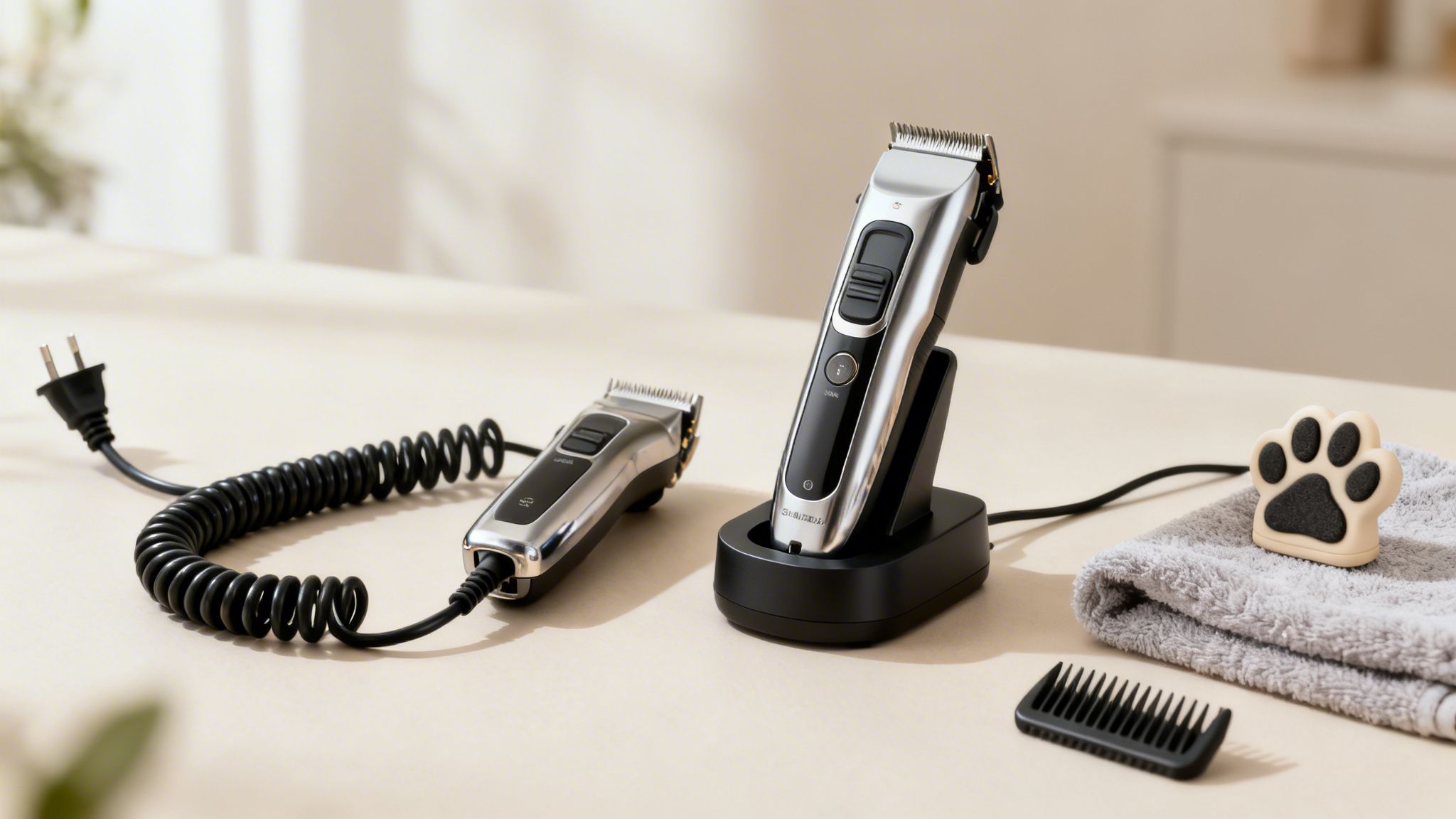 Two pet grooming clippers, one corded and one on a charging dock, with grooming accessories.