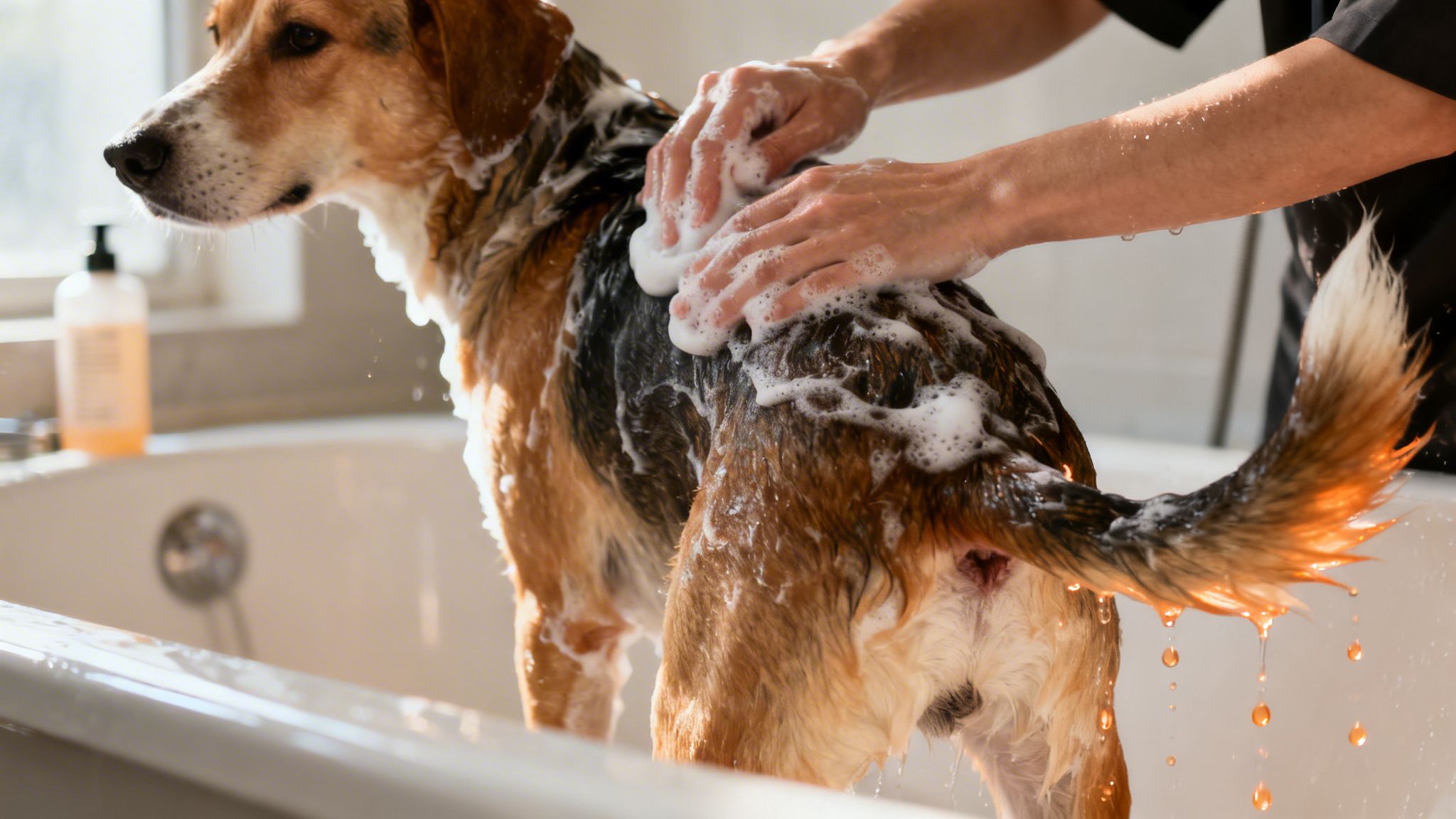 A person's hands gently scrub a brown and white dog covered in shampoo suds in a bathtub.