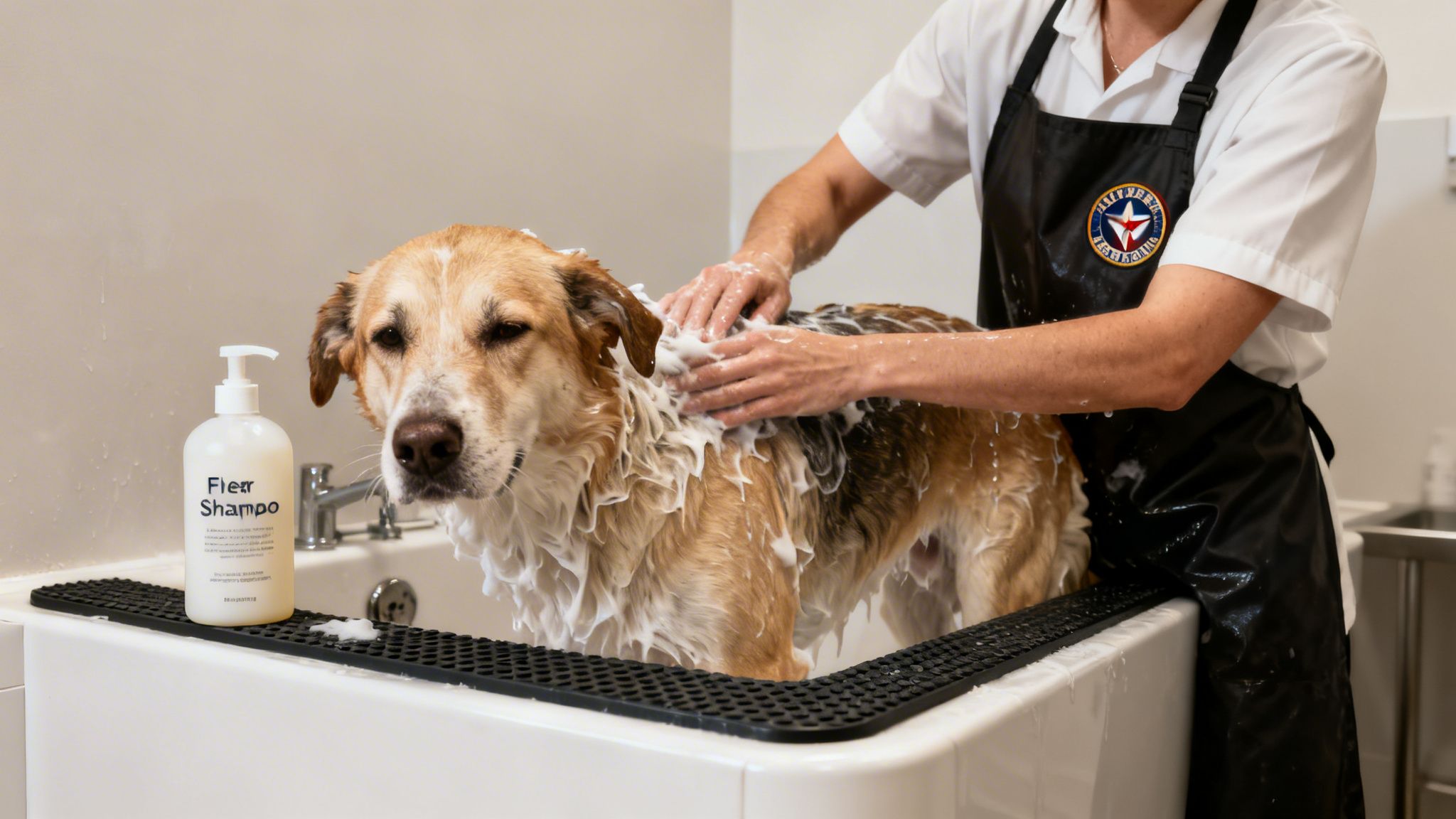 A person in an apron gives a golden-brown dog a luxurious flea shampoo bath in a white tub.