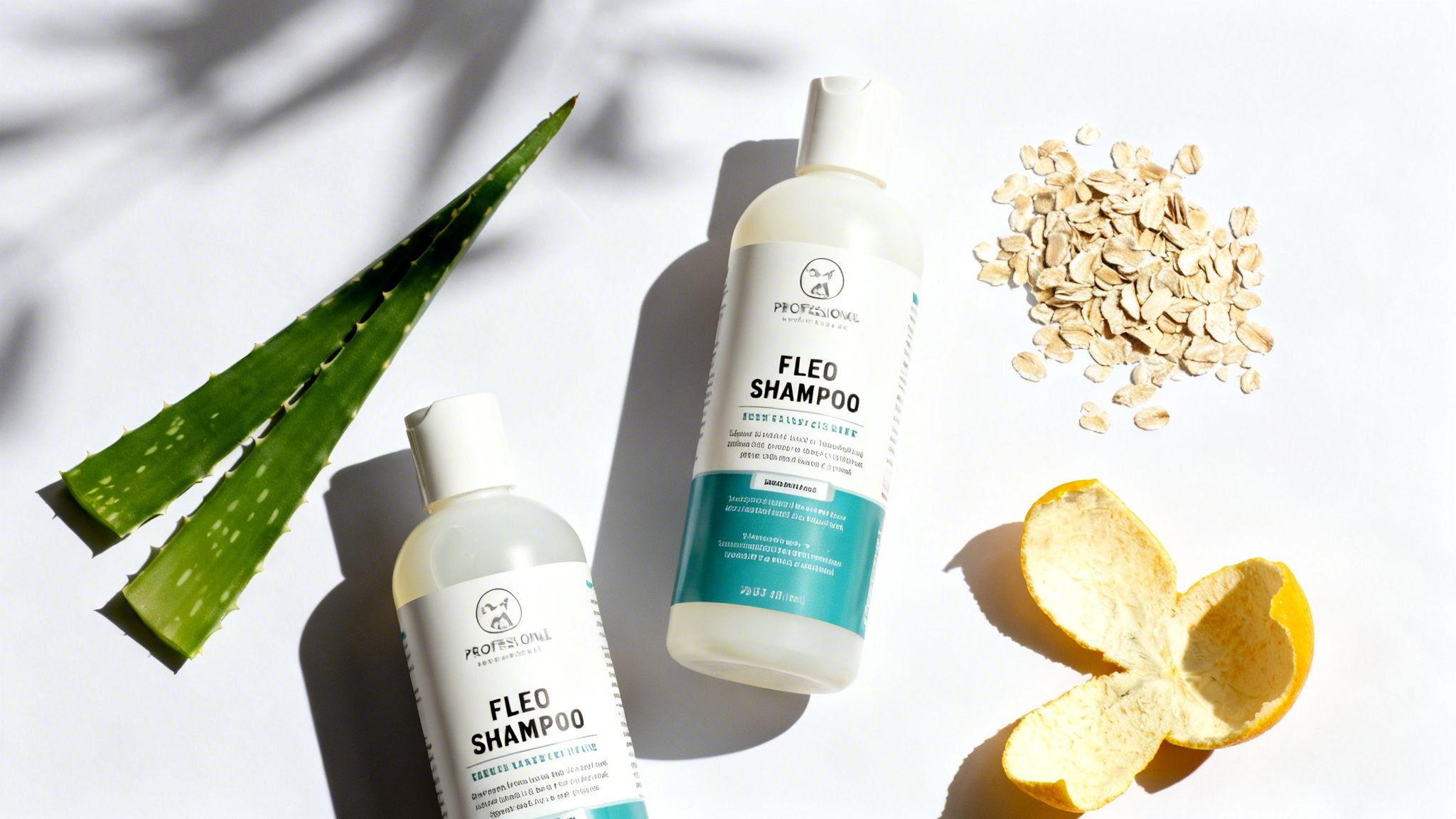 Two bottles of Fleo Shampoo with natural ingredients like aloe vera, oats, and orange peel on a white background.