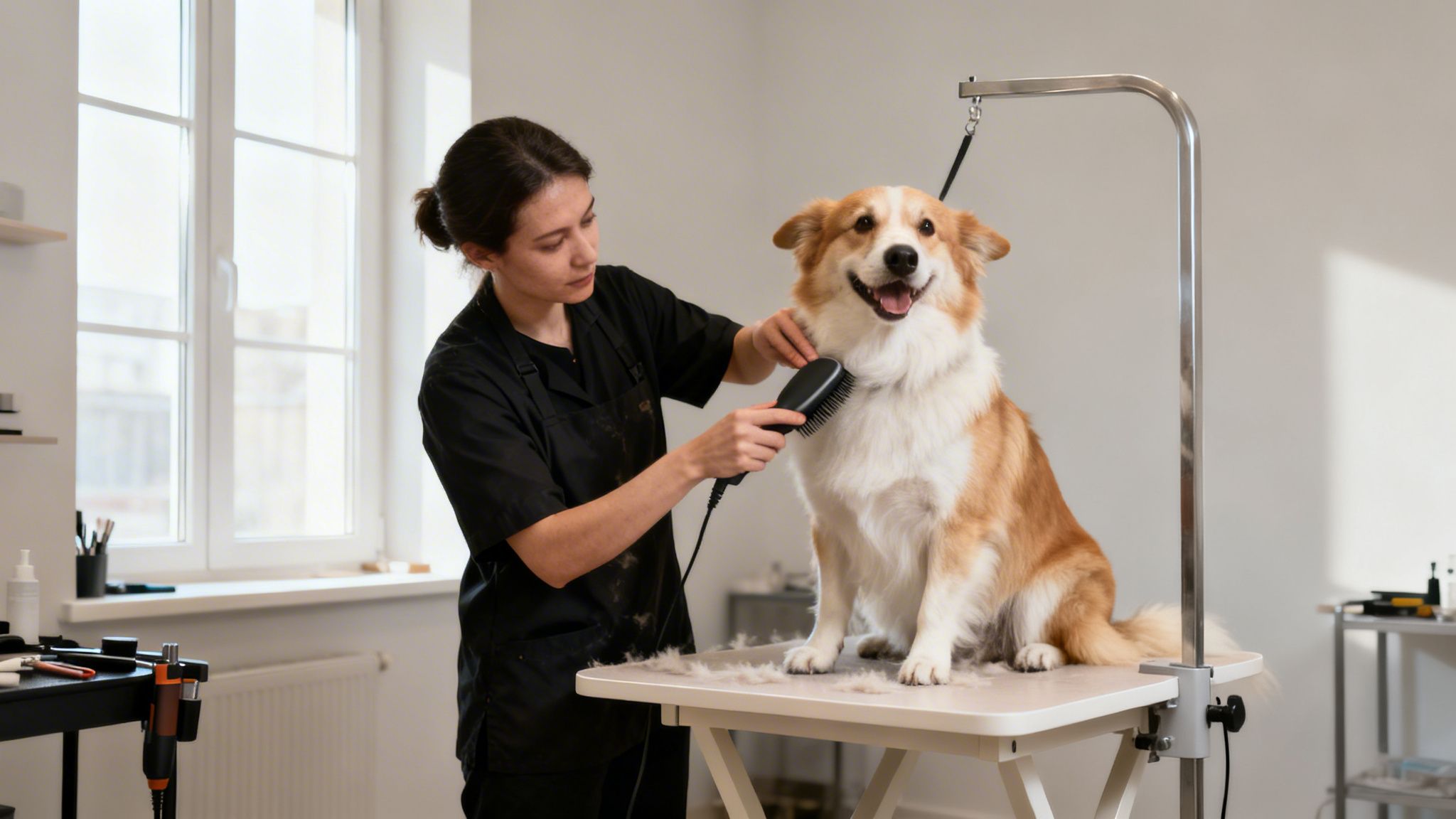 A woman grooming a happy brown and white dog on a table, brushing its shedding fur.