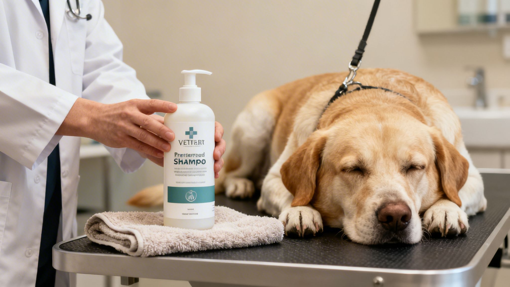 A veterinarian holds VETTERT shampoo next to a calm, sleeping Labrador dog on a grooming table.