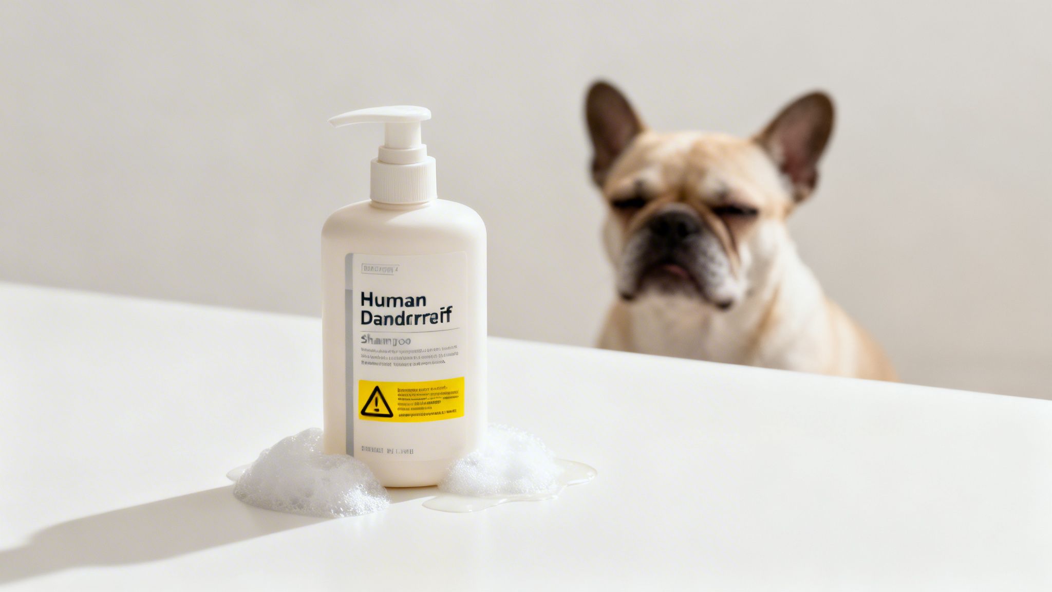 A blurry French bulldog looks at a bottle of 'Human Dandruff Shampoo' with foam spilled on a white surface.