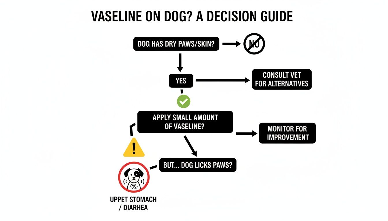 Flowchart decision guide on applying Vaseline to dogs for dry paws or skin, including risks.