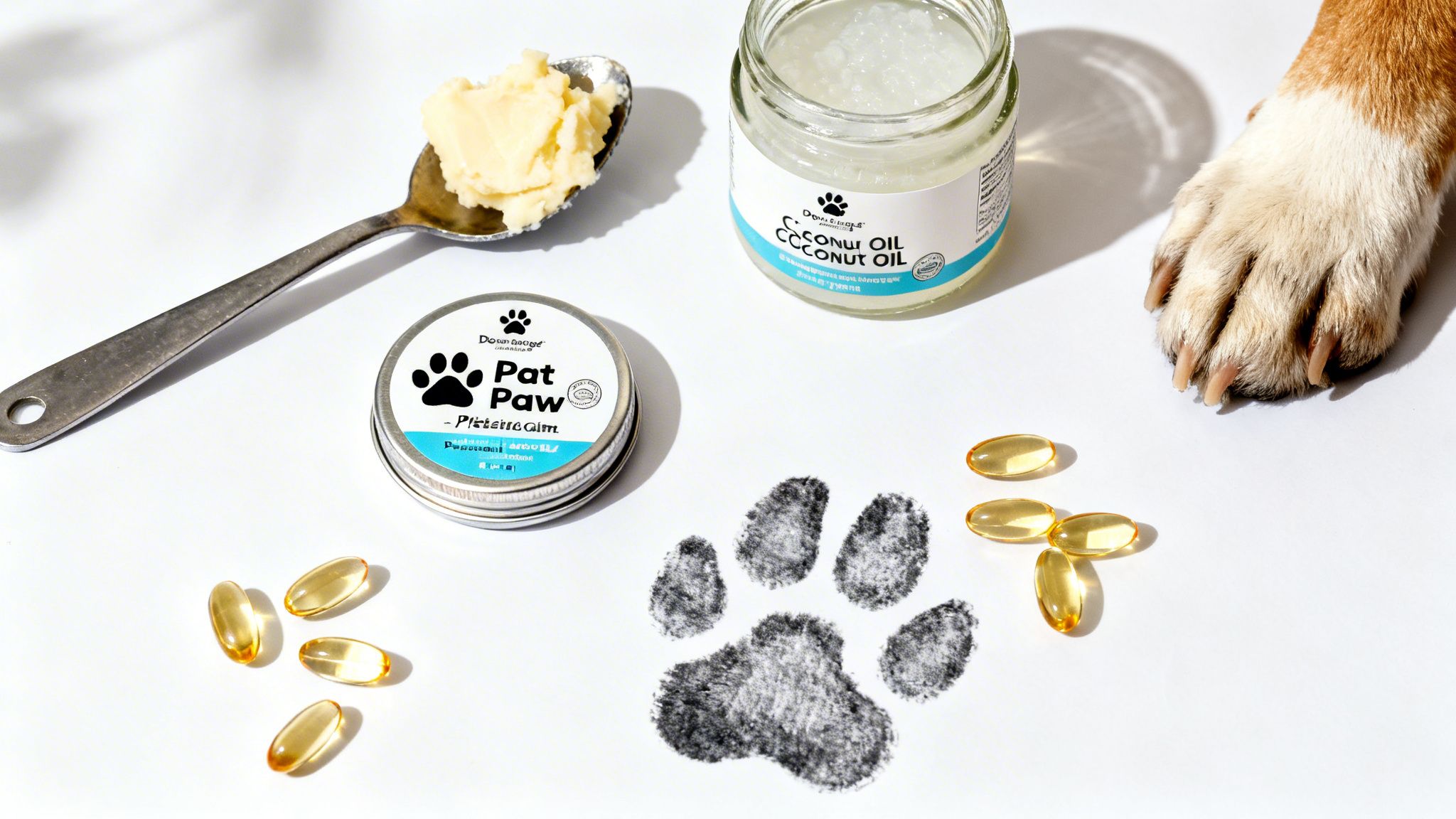 A flat lay of dog paw care items: balm, coconut oil, supplements, a spoon with butter, and a dog's paw.