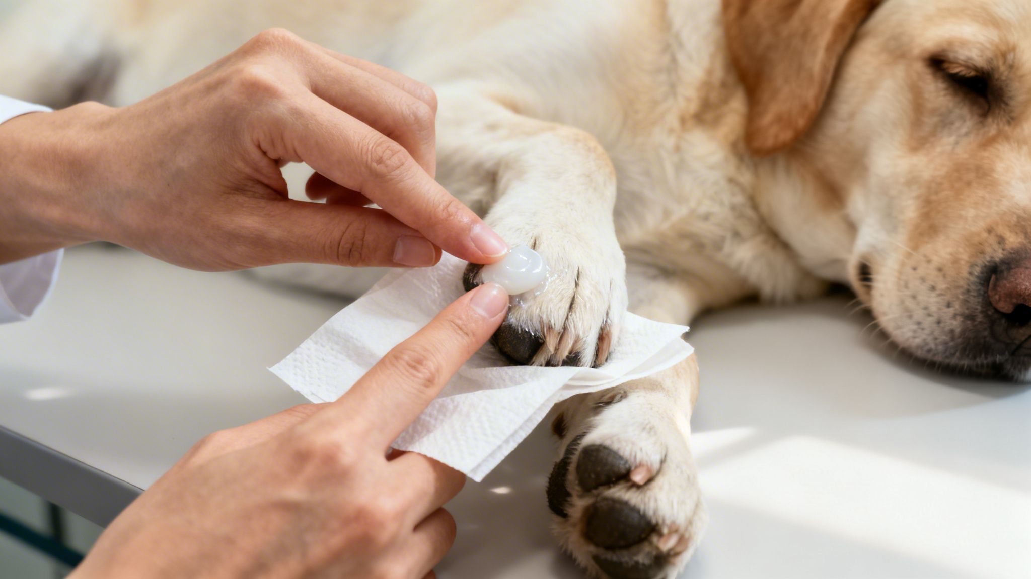 A person gently applies a clear balm to a yellow Labrador Retriever's paw.