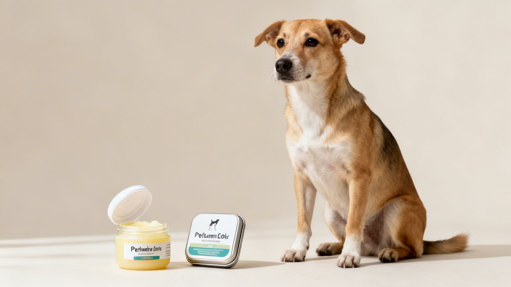 A light brown and white dog sits beside an open jar of yellow pet cream and a pet balm tin.