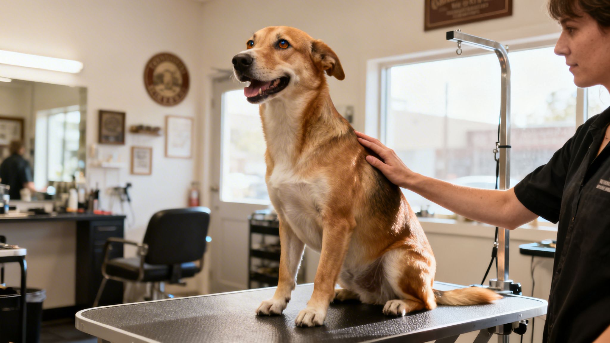 A happy brown and white dog sits on a grooming table, being gently petted by a person.