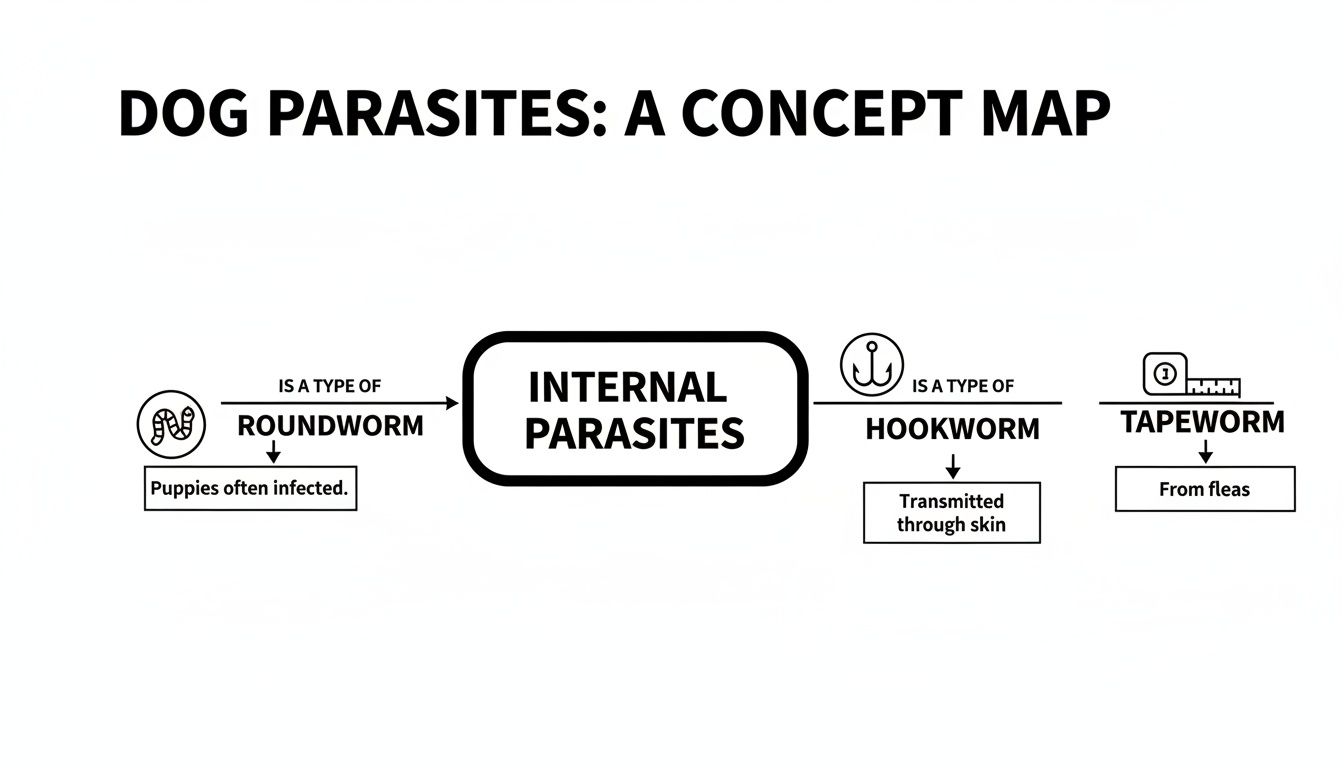 A concept map illustrating internal dog parasites: roundworm, hookworm, and tapeworm, with their characteristics.