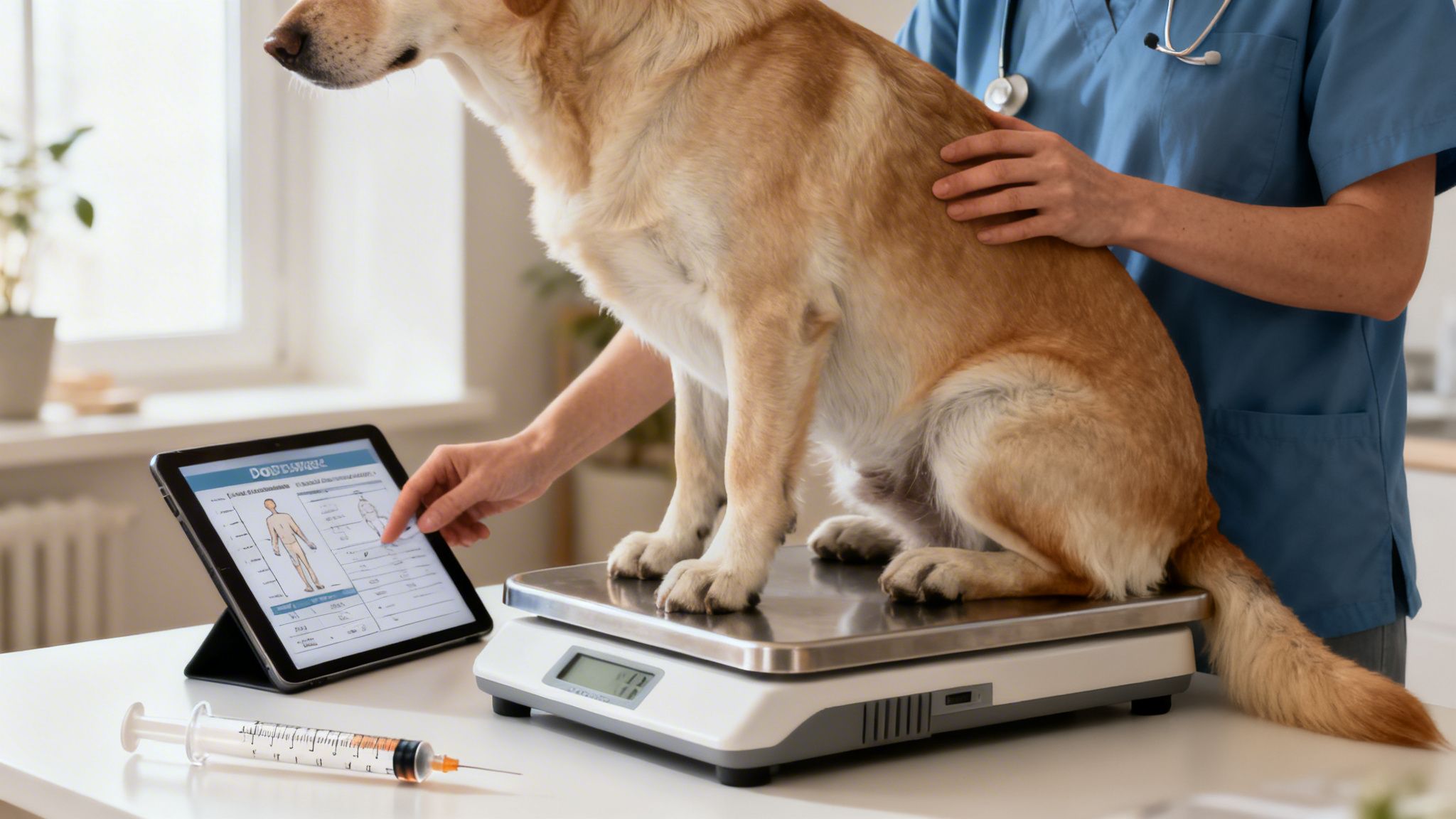 A veterinarian weighs a golden retriever on a scale while reviewing medical data on a tablet.