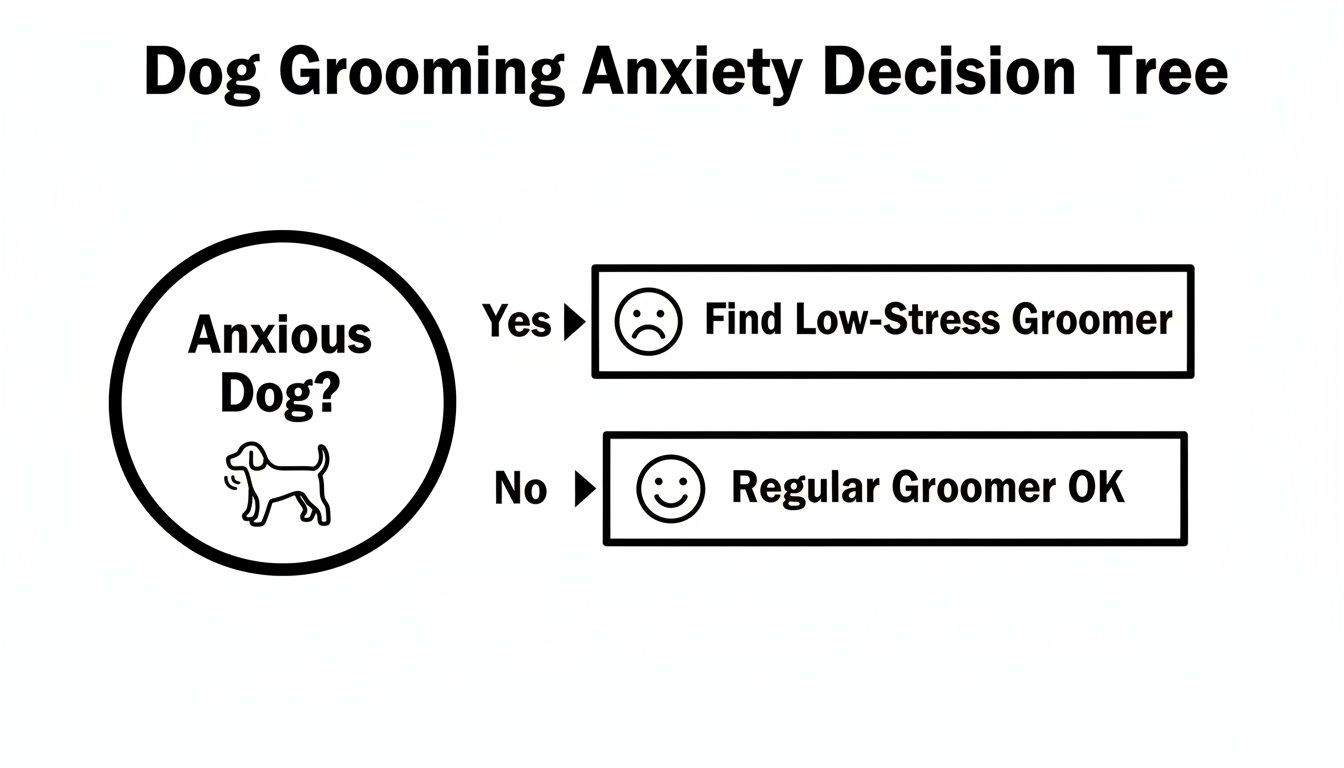 Decision tree for dog grooming anxiety, recommending a low-stress groomer for anxious dogs.