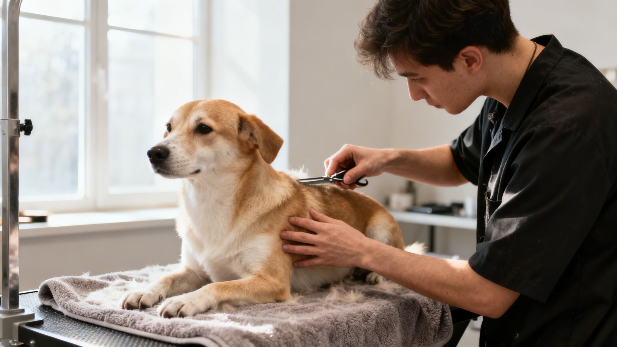 A young male dog groomer gently combs the fur of a relaxed brown and white dog on a grooming table.