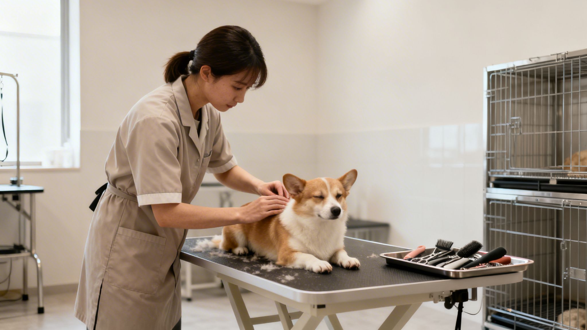 A dog groomer gently brushes a relaxed corgi on a grooming table with tools nearby.