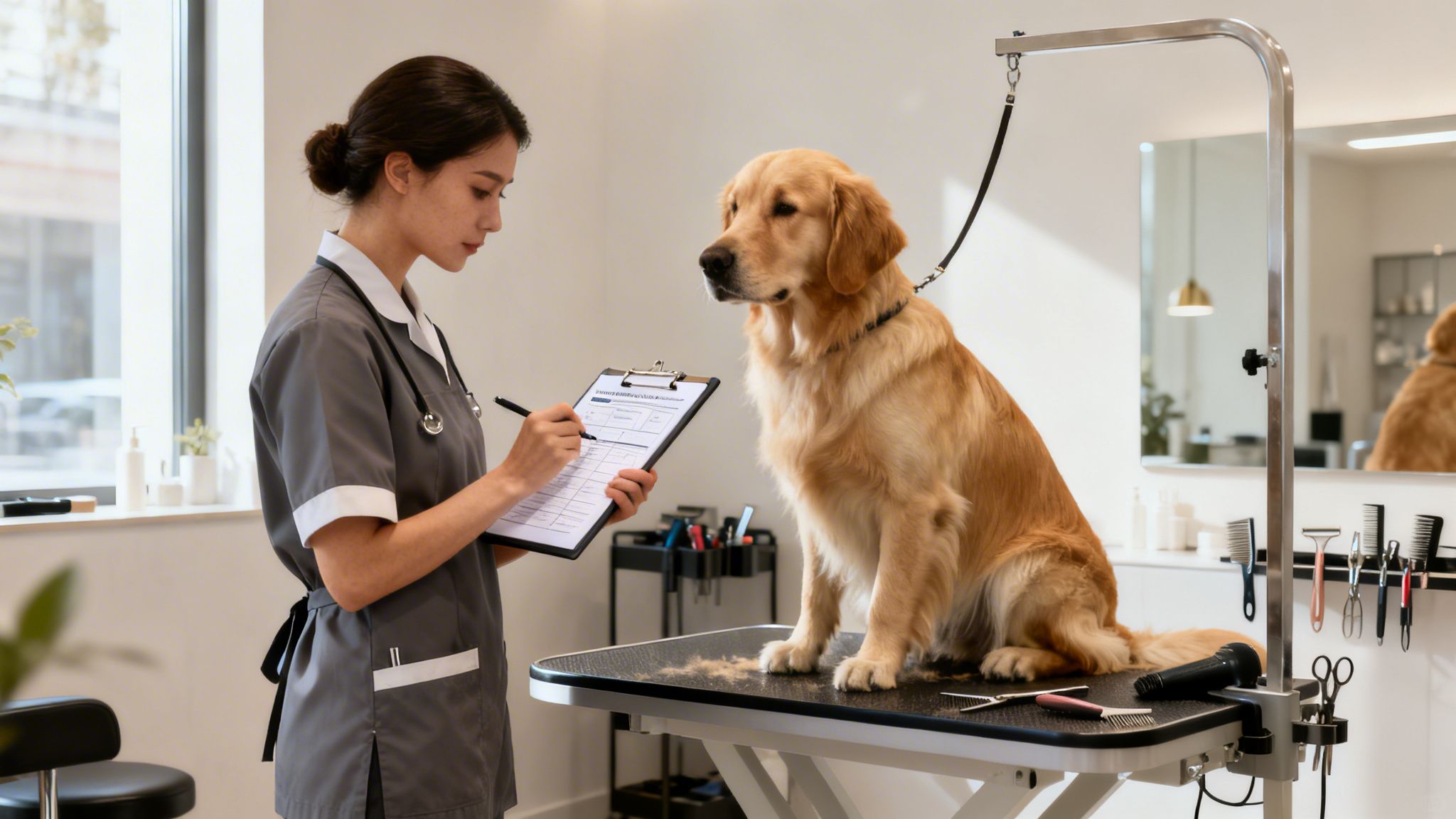 A professional pet groomer takes notes while a golden retriever sits patiently on a grooming table.