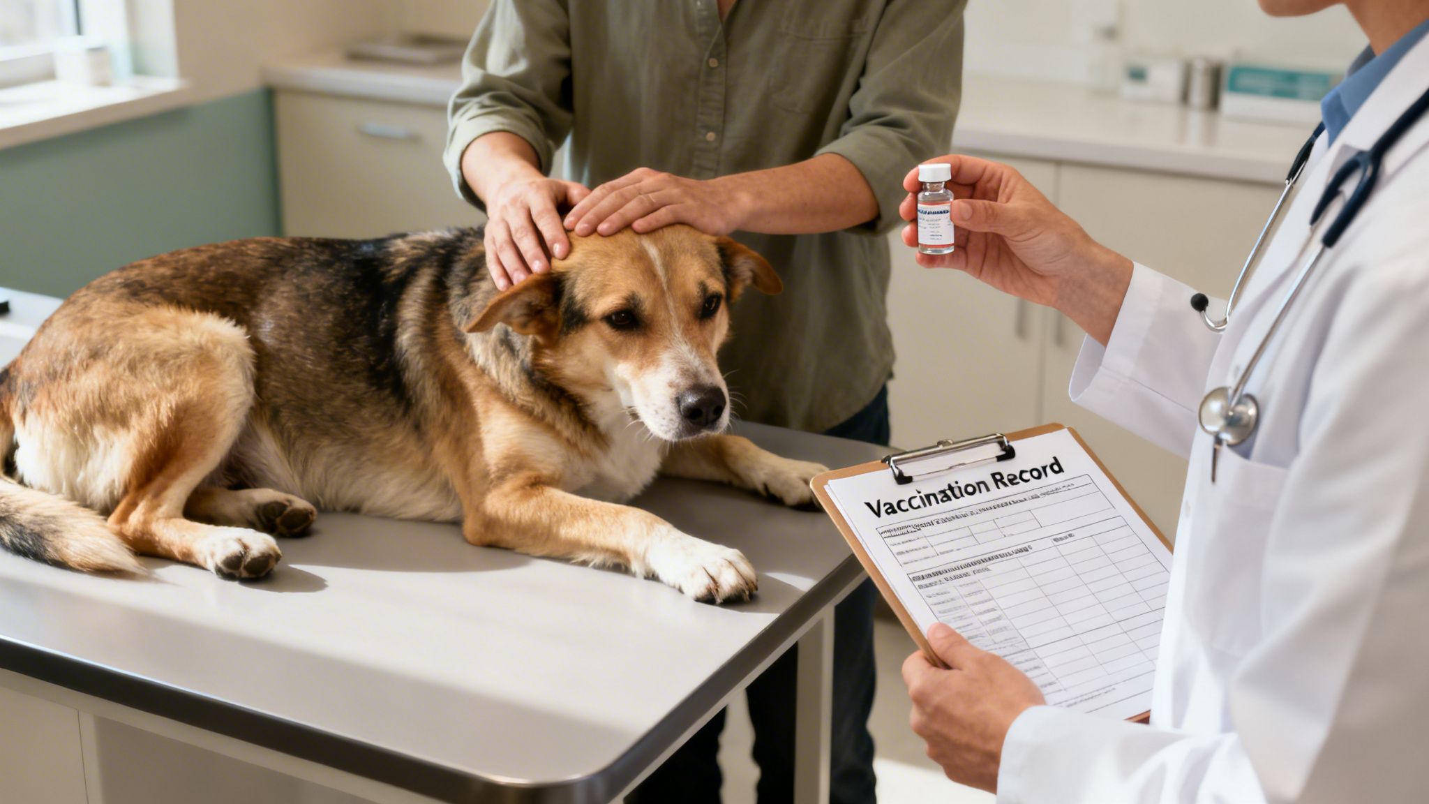 Veterinarian holding vaccine vial and record, preparing to vaccinate a dog at the clinic.