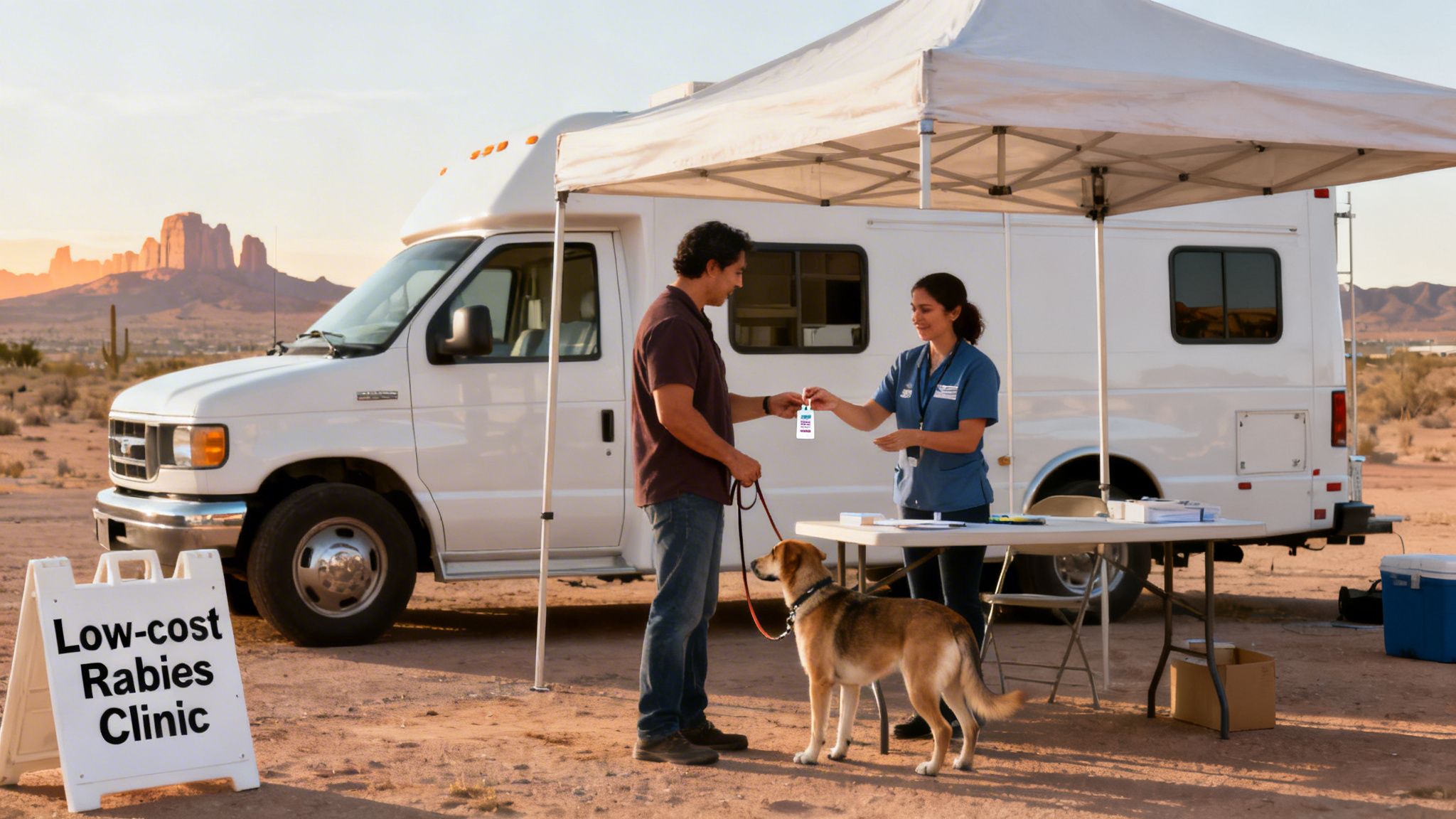 A man with his dog receives a rabies tag from a veterinary worker at an outdoor mobile clinic in the desert.