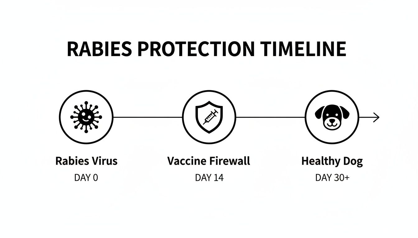 A rabies protection timeline showing virus at Day 0, vaccine firewall at Day 14, and a healthy dog at Day 30+.