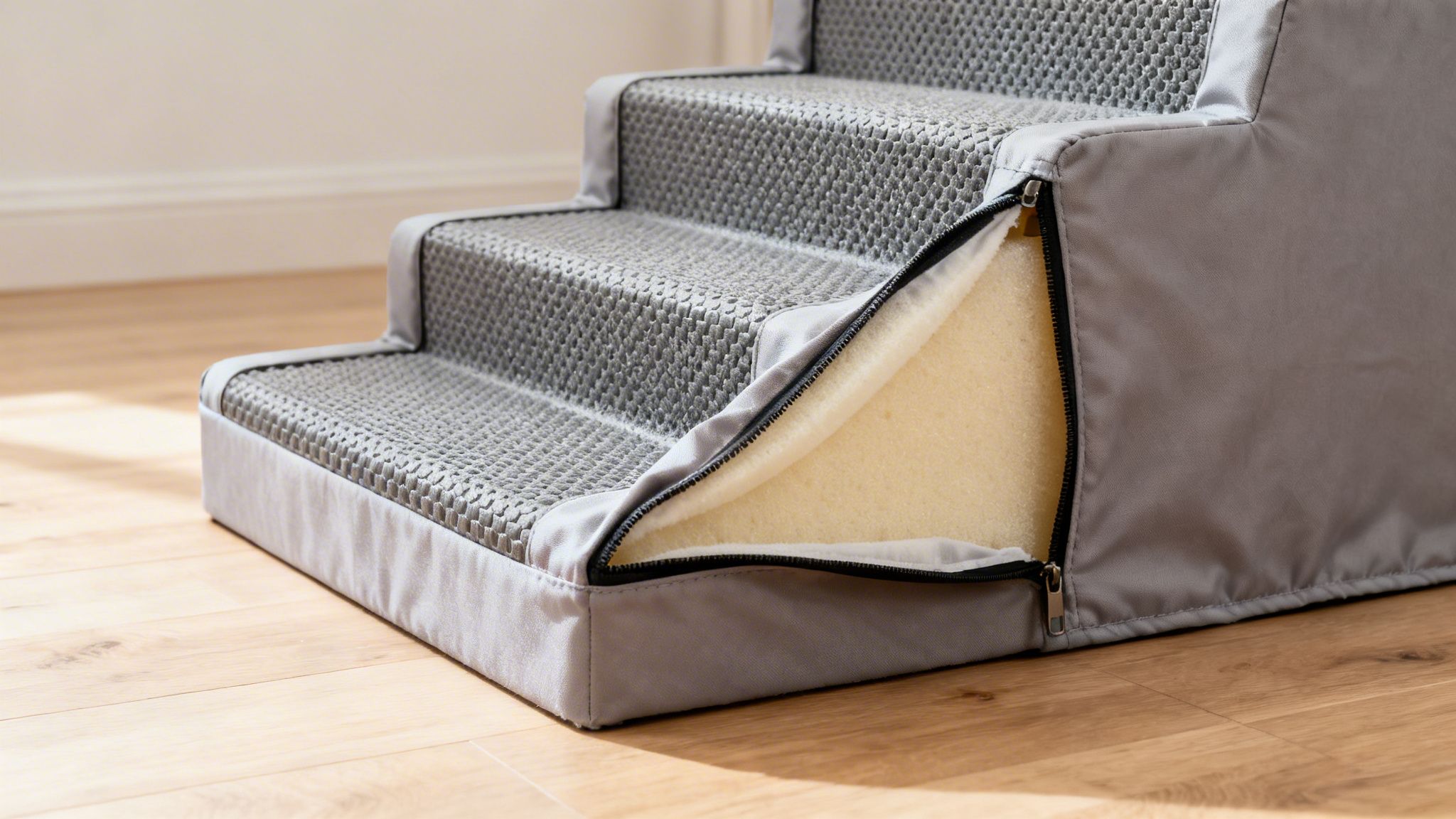 Grey pet stairs with textured steps and an unzipped cover revealing foam interior on a wooden floor.