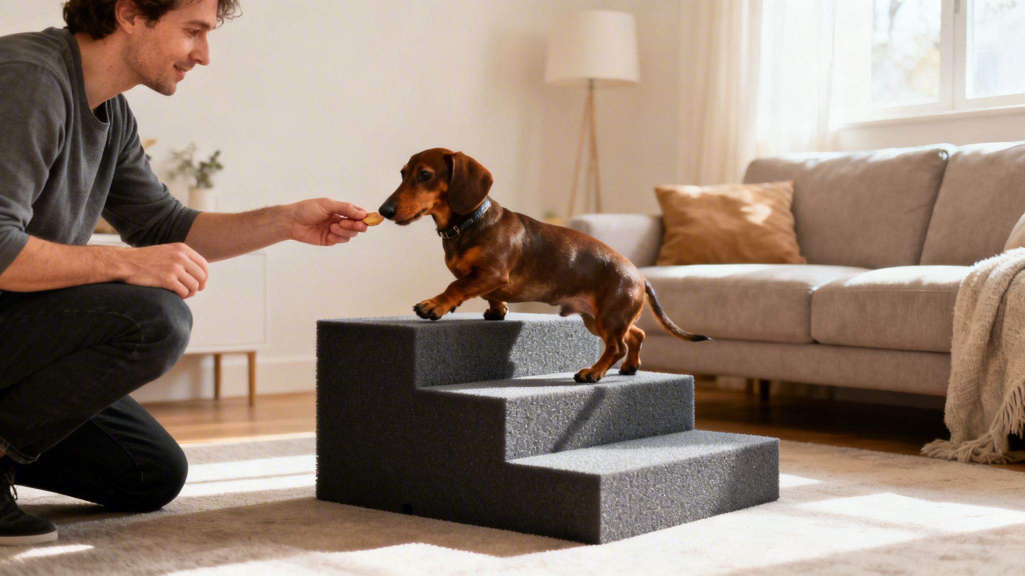 A smiling man rewards his dachshund dog with a treat on grey pet stairs in a living room.