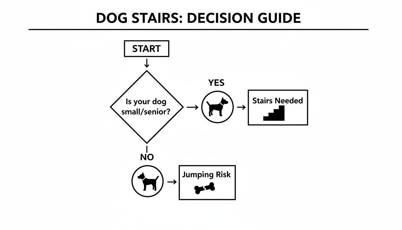 Flowchart decision guide for dog stairs, considering if the dog is small/senior or a jumping risk.
