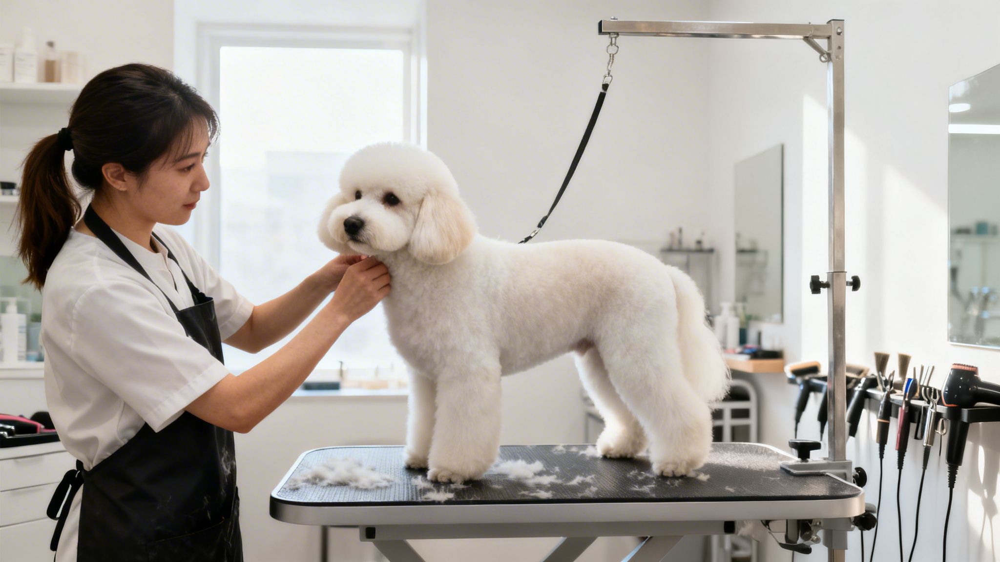 A professional dog groomer carefully trims the fur of a white fluffy poodle on a grooming table.