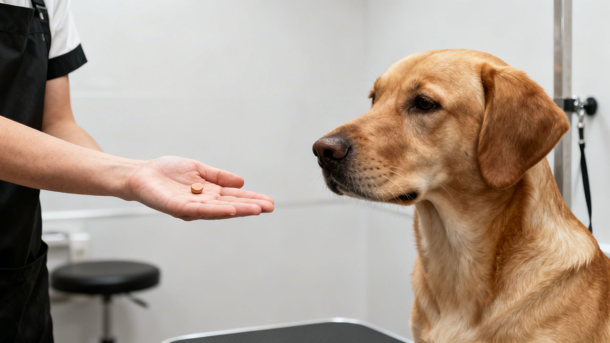 A person offers a small orange pill to a golden retriever dog in a clinic.