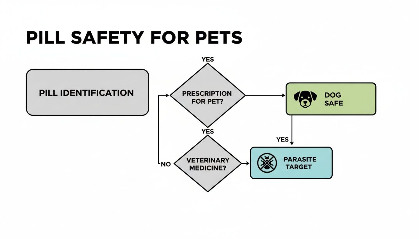 Flowchart on pill safety for pets, guiding decisions based on prescription and veterinary medicine.
