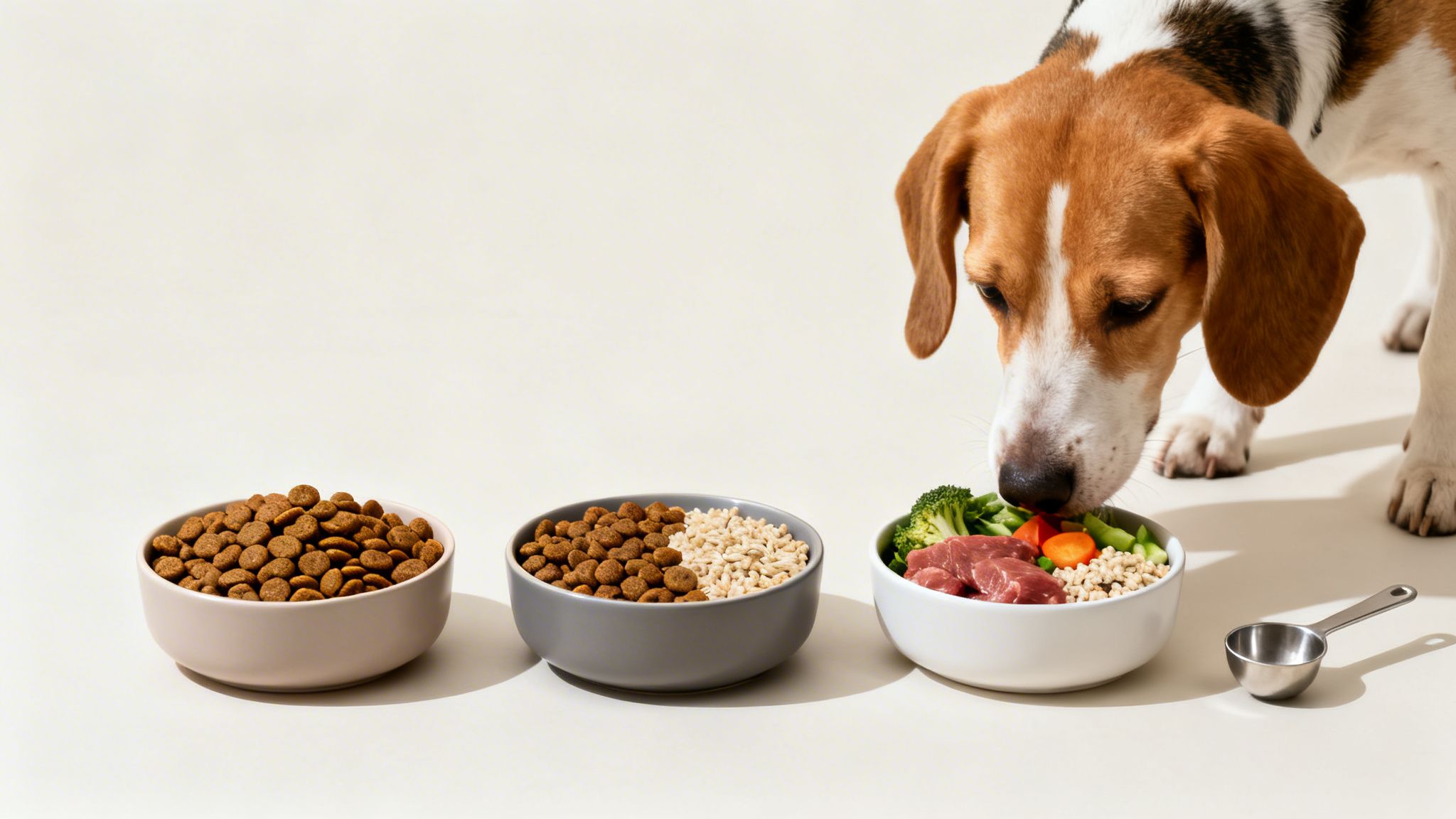 A beagle dog sniffs a bowl of fresh food with meat and vegetables, next to kibble options.