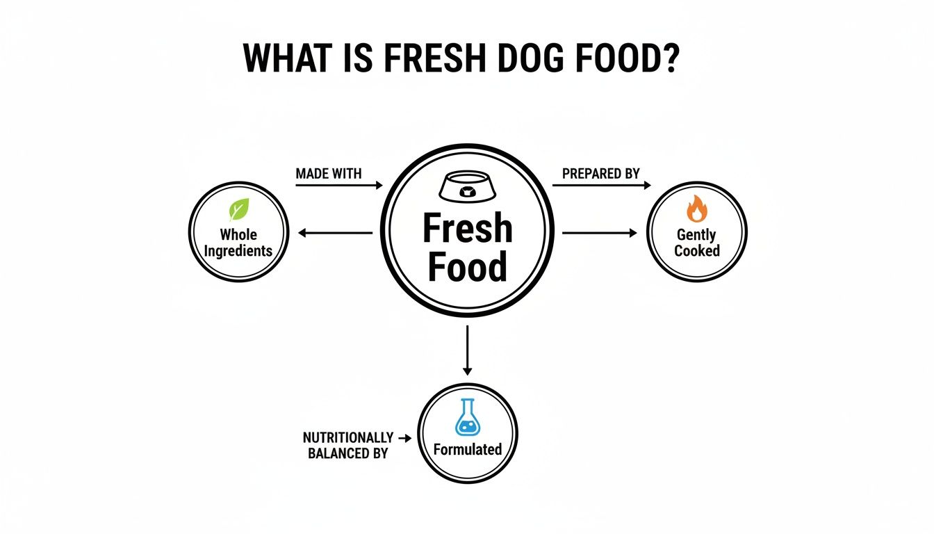 Diagram explaining fresh dog food: made with whole ingredients, gently cooked, and nutritionally formulated.