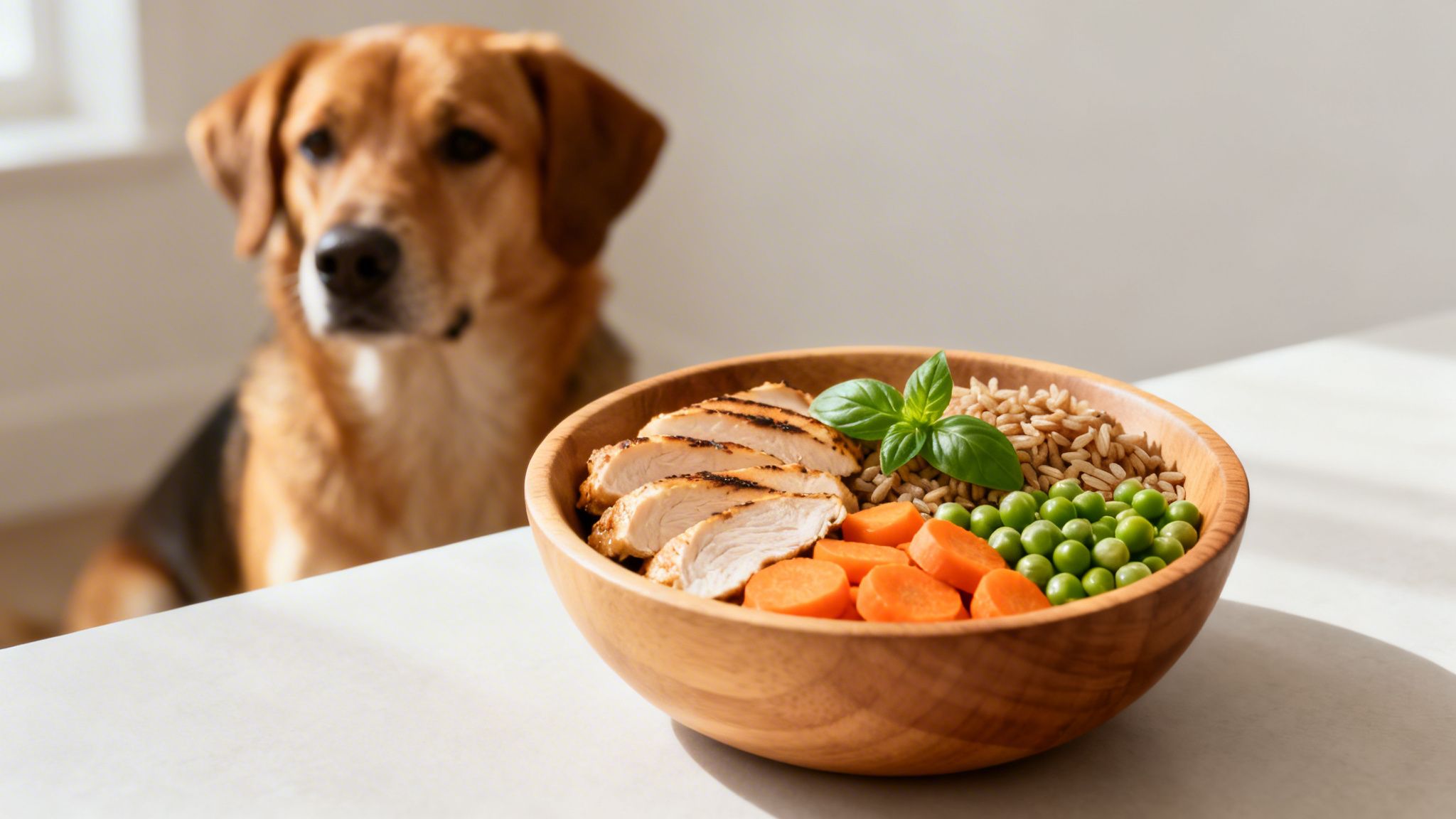 A focused dog stares at a wooden bowl of fresh, healthy homemade dog food with chicken, rice, and vegetables.