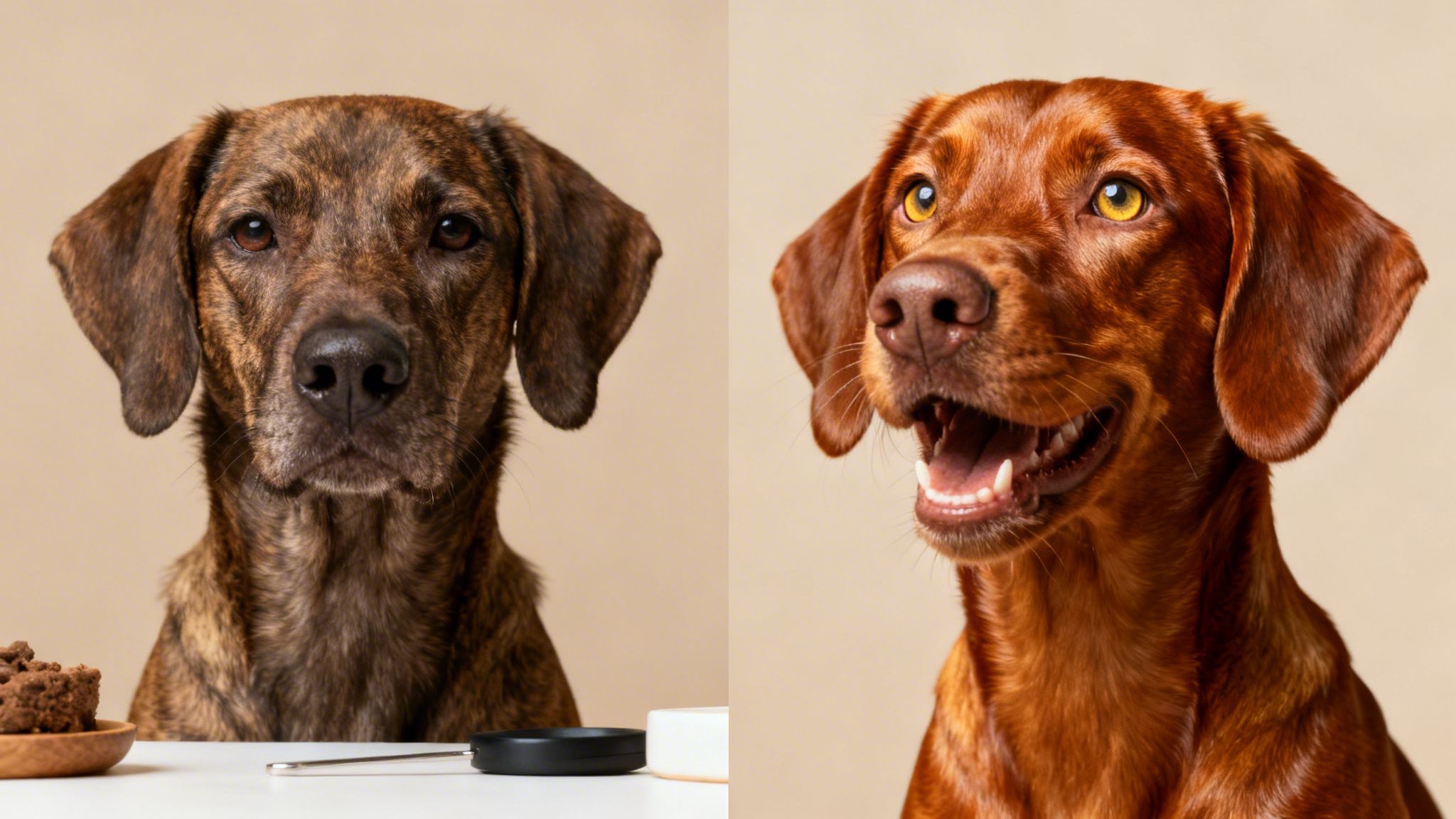 Close-up portraits of two dogs, one brindle and one red, looking intently at the camera.