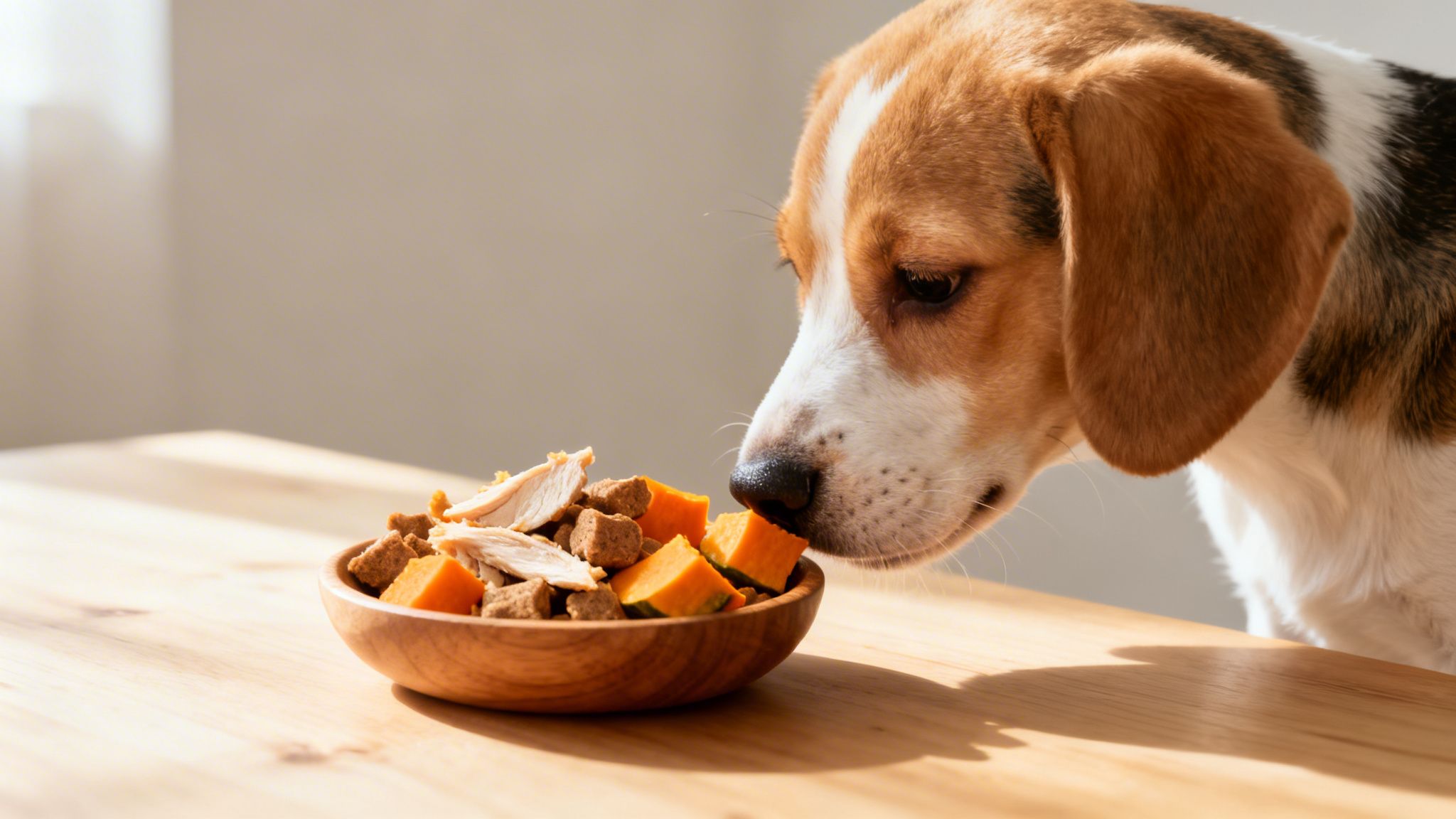 A beagle dog sniffs a bowl of healthy food containing chicken, kibble, and pumpkin on a wooden table.
