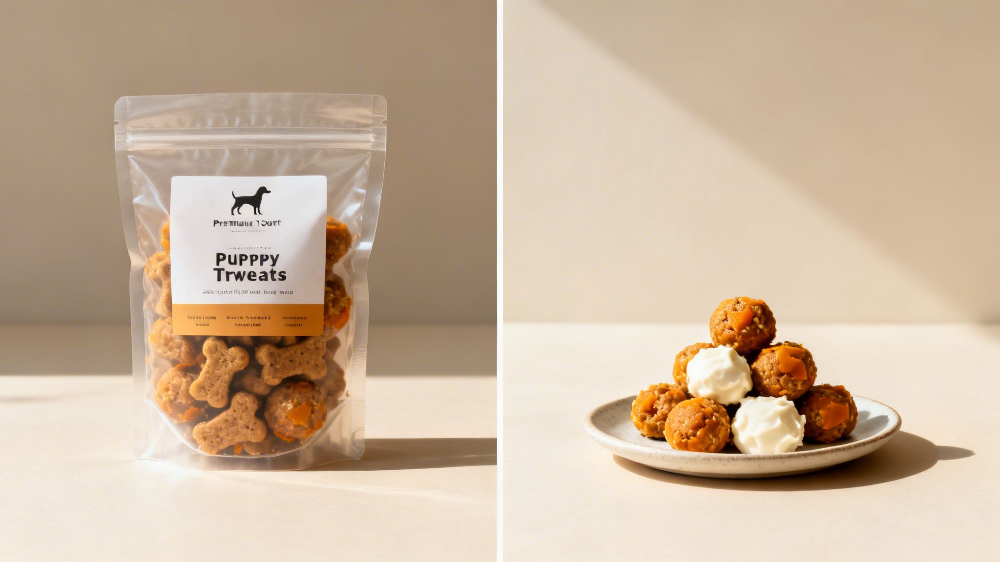 A clear bag of "Puppy Trweats" with bone-shaped biscuits and a plate of frosted round treats.