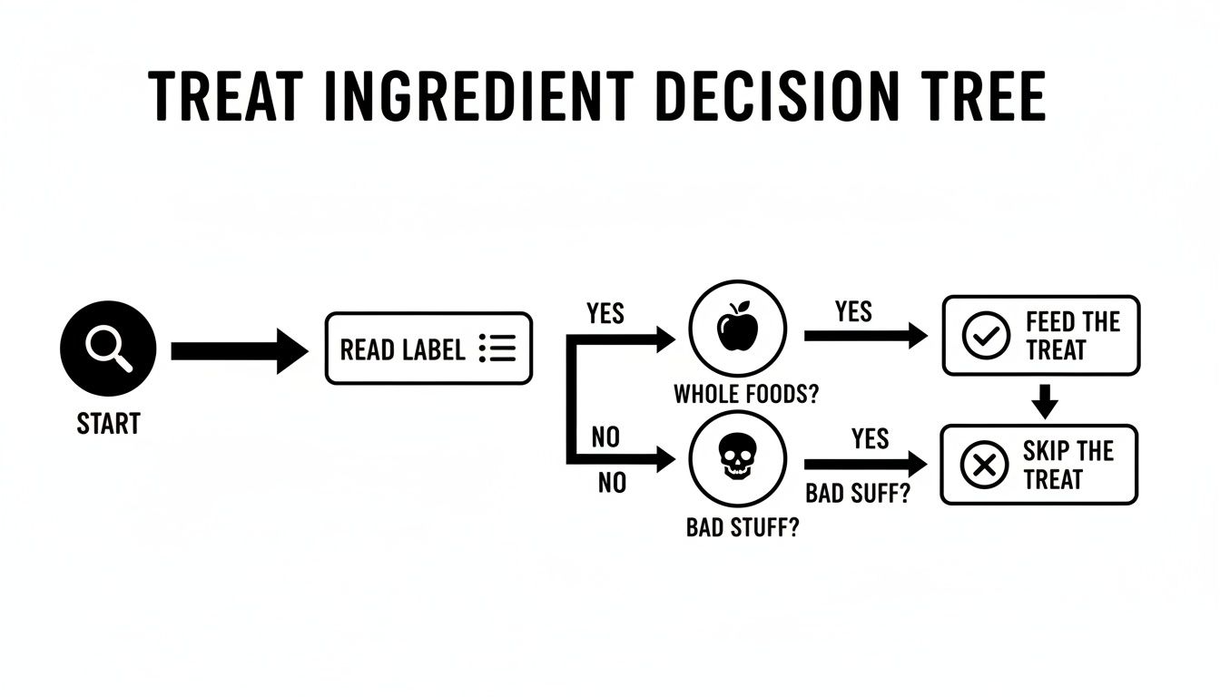 A treat ingredient decision tree flowchart guiding on feeding or skipping a treat based on whole foods and bad ingredients.