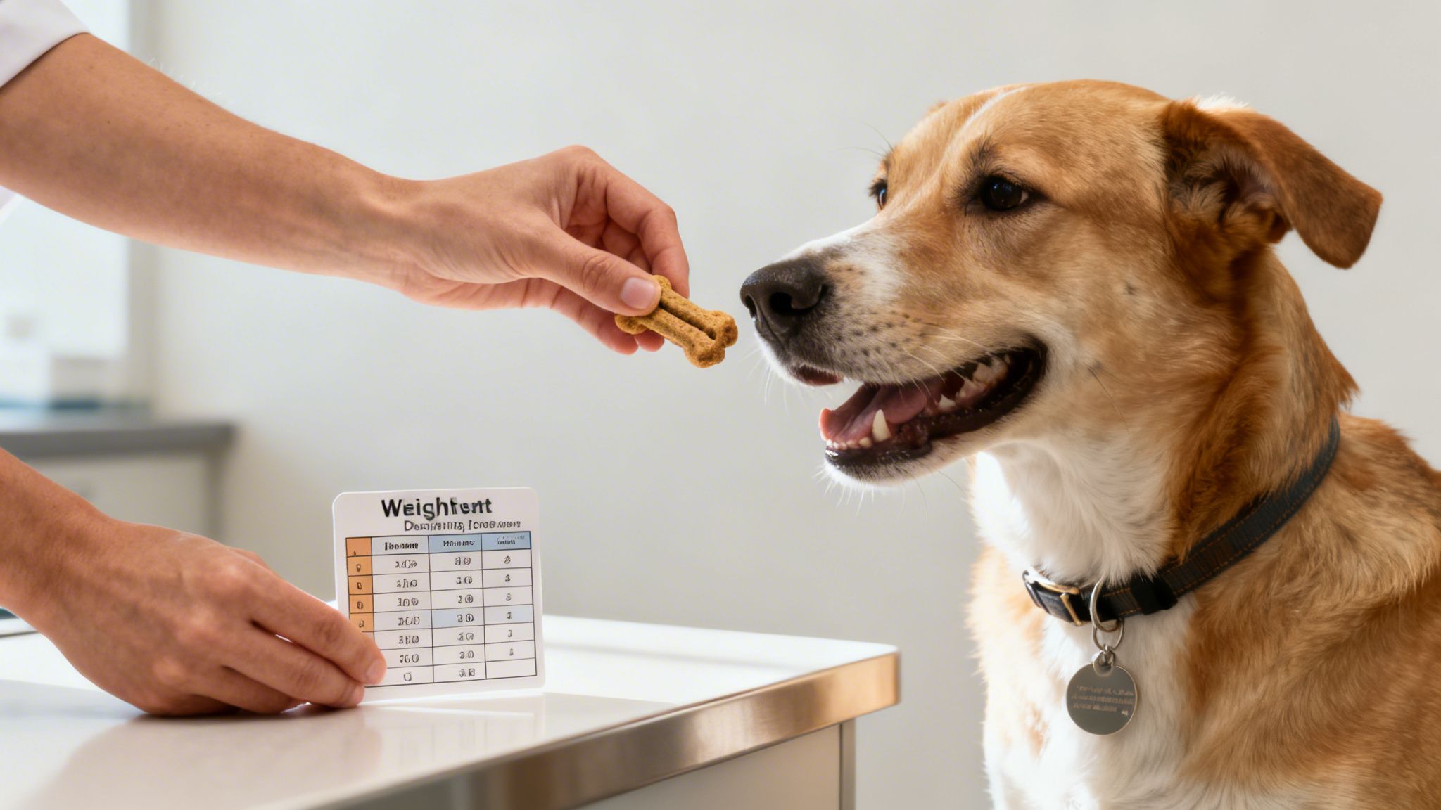 A person's hand offers a dog a treat next to a weight dosage chart on a table.