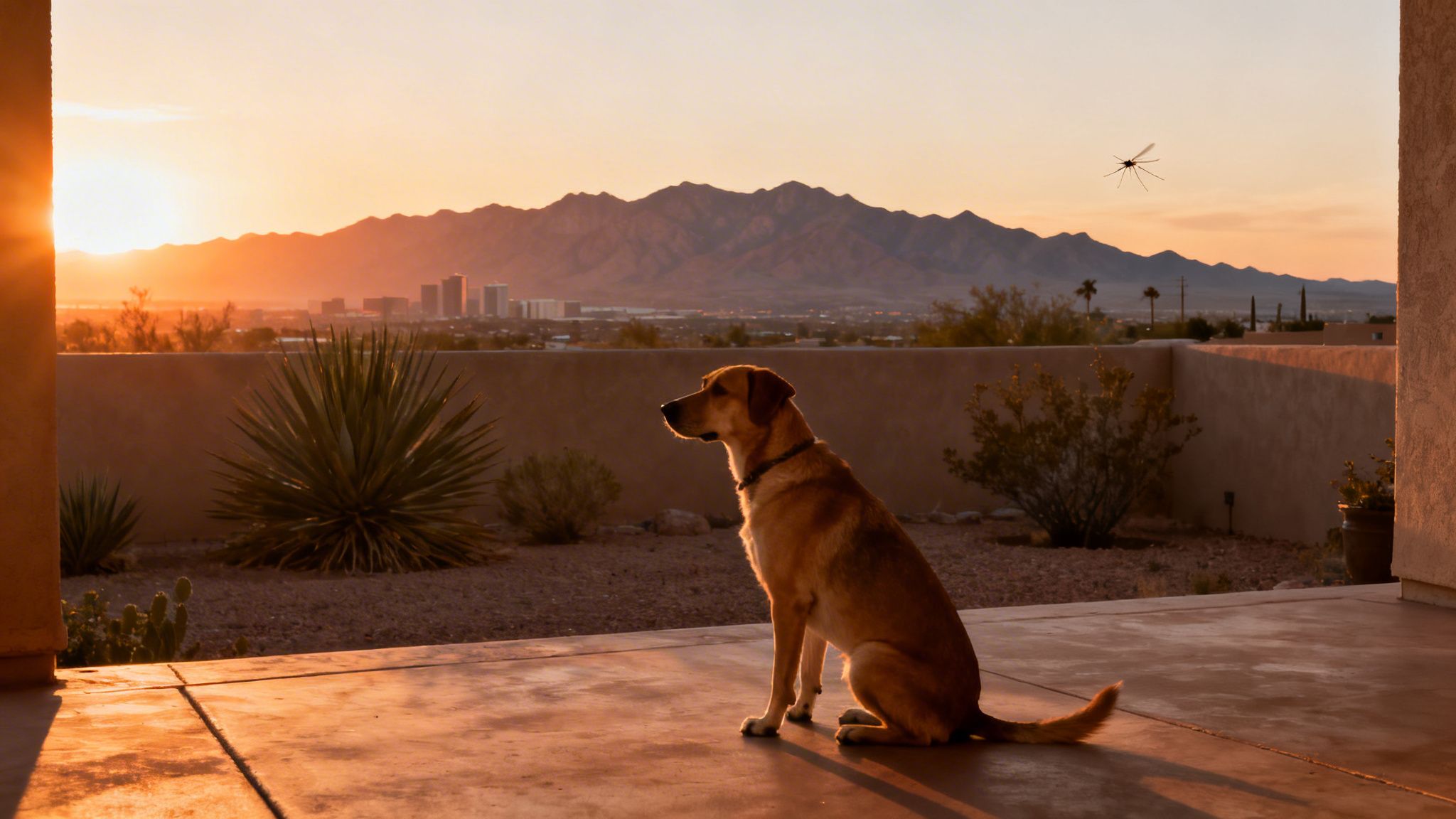 A dog sits on a patio enjoying a vibrant desert sunset with mountains in the distance.