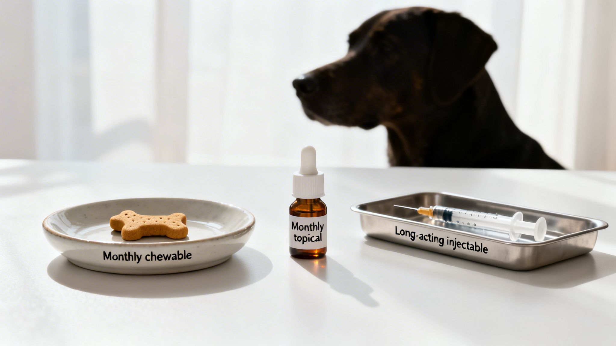 Three types of heartworm medication for dogs: monthly chewable, topical, and injectable, with a dog watching.