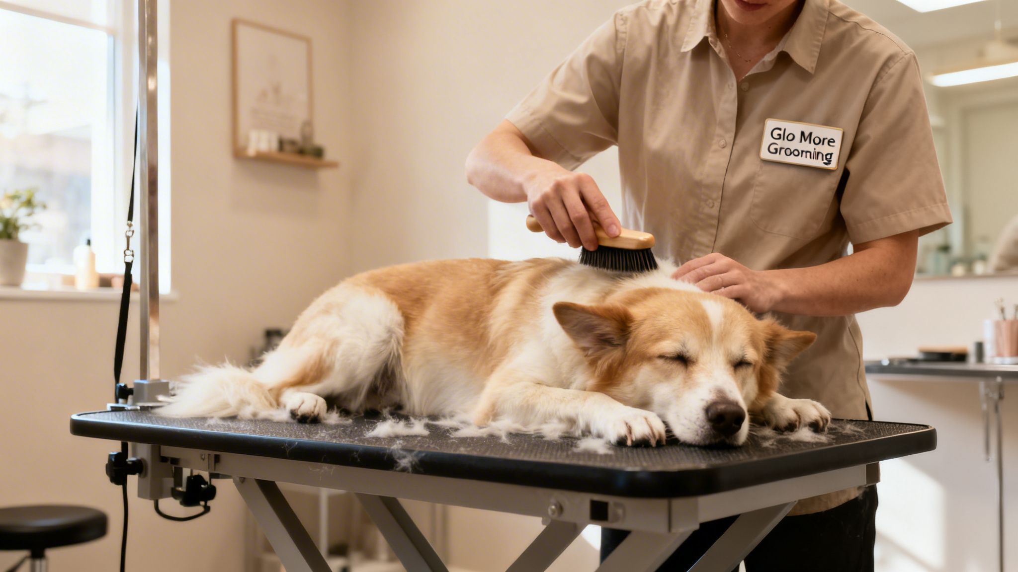 A pet groomer gently brushes a calm dog on a grooming table, with loose fur around.