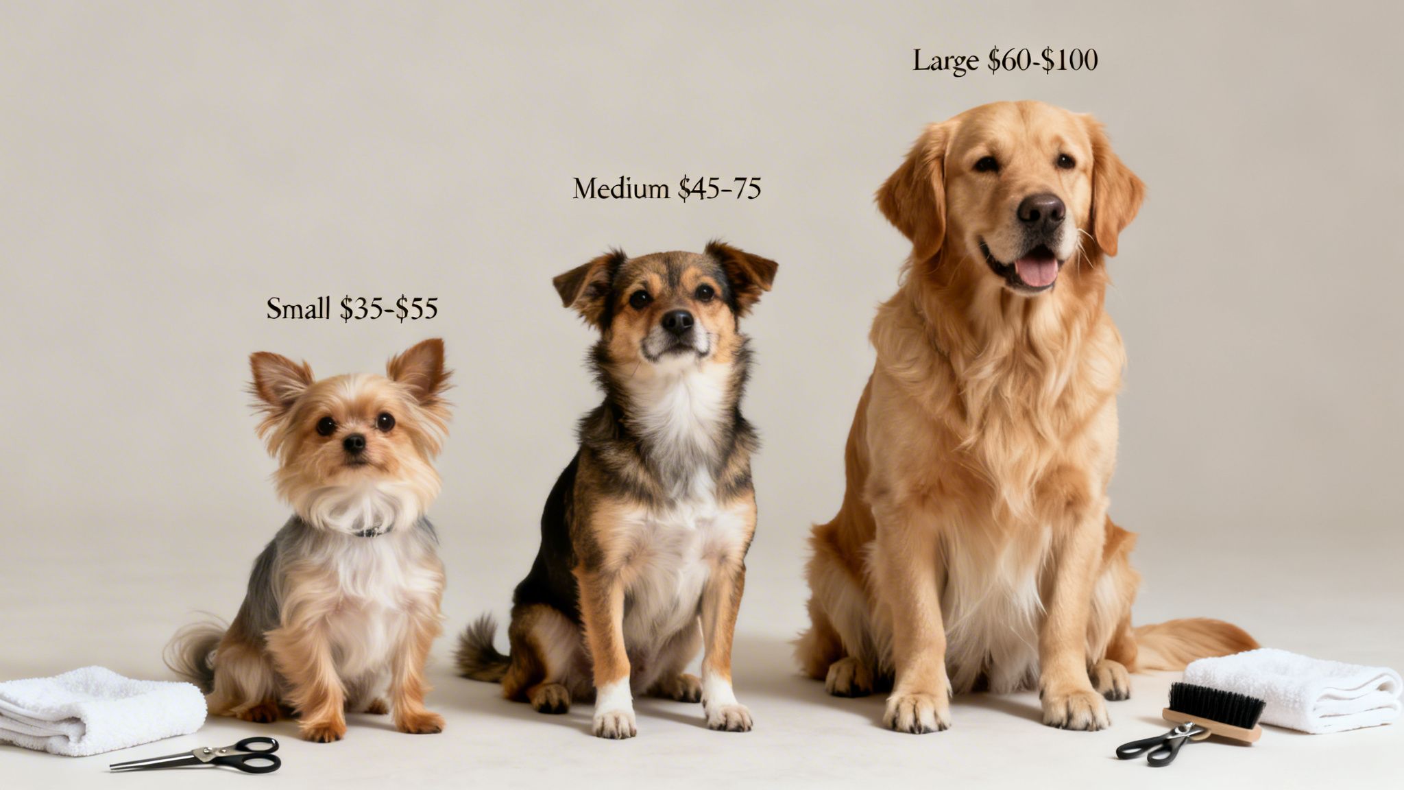 Three dogs of small, medium, and large sizes display their respective grooming prices and tools.