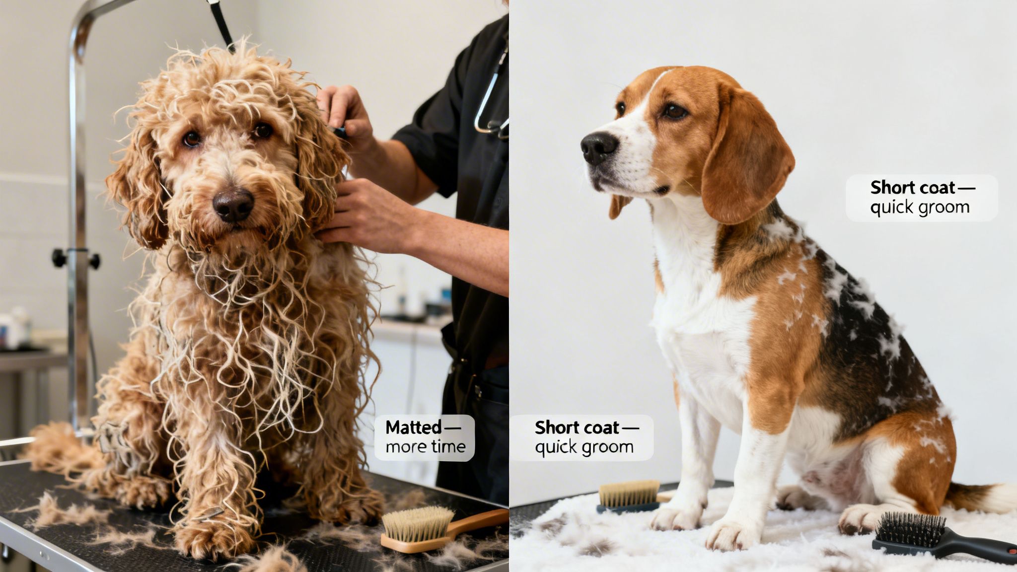 Two dogs demonstrate different grooming needs: a matted curly-haired dog and a short-coat beagle.
