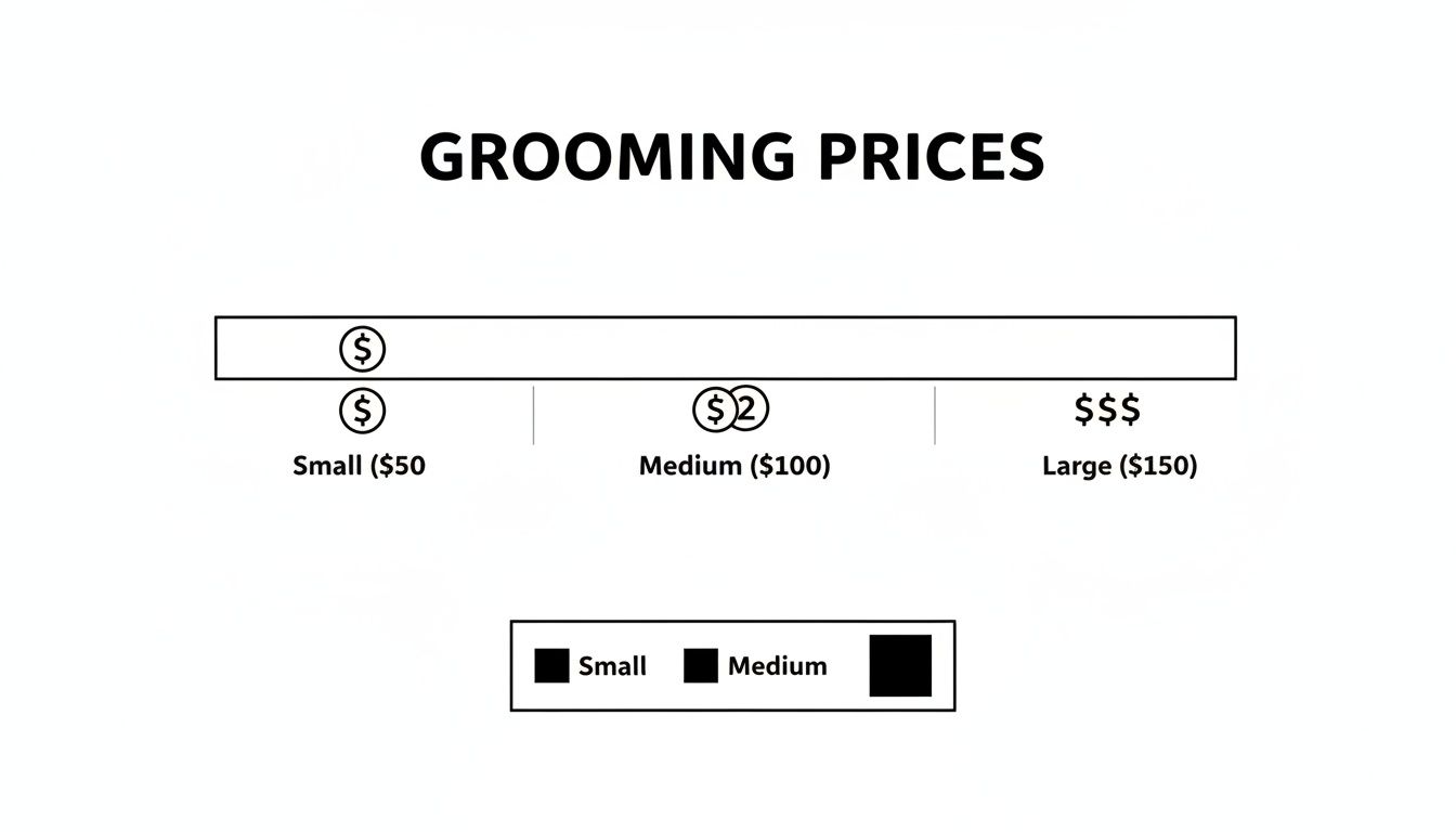 Grooming prices chart showing cost tiers for small ($50), medium ($100), and large ($150) pets.