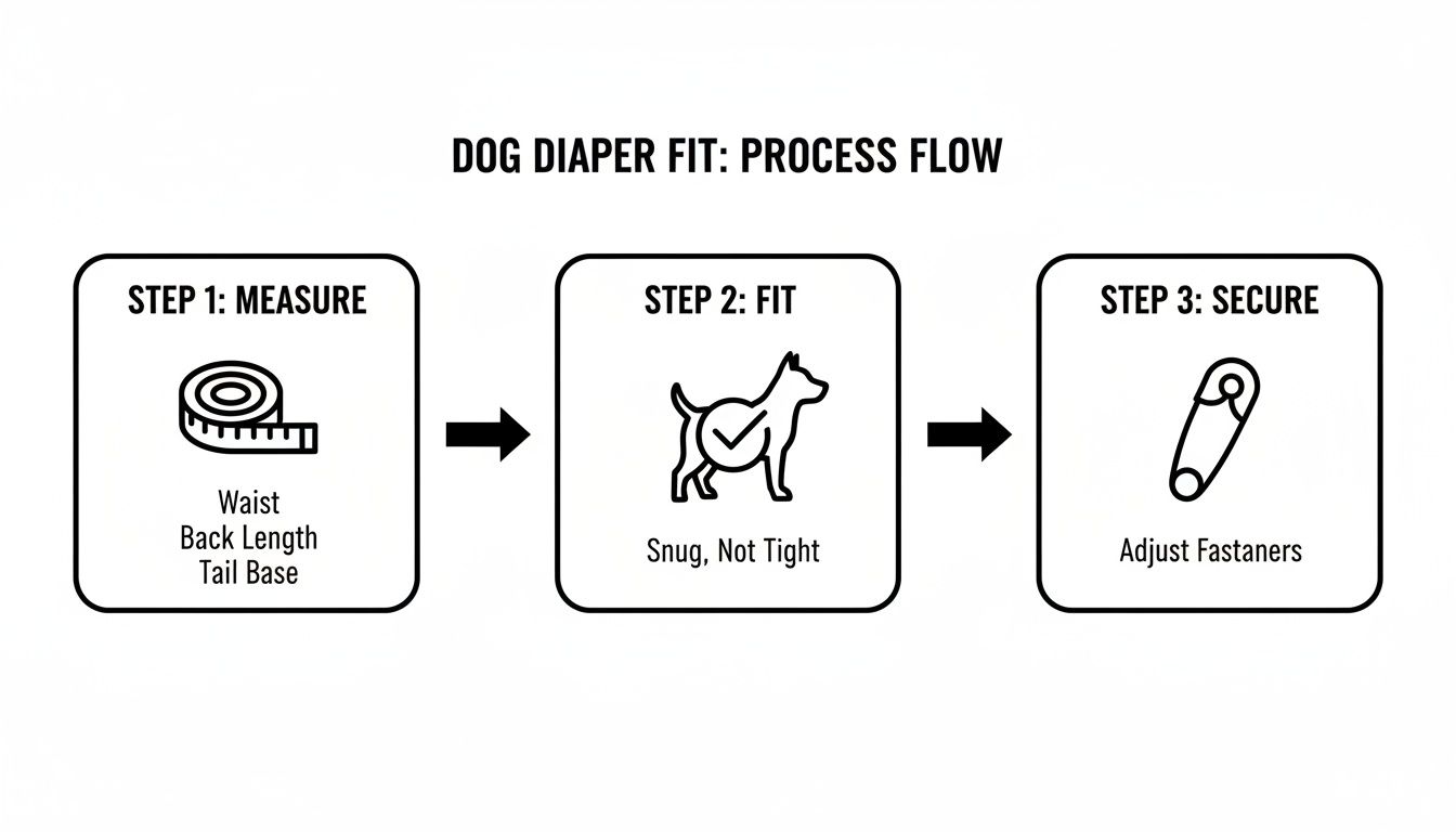 A three-step process flow for fitting a dog diaper: measure, ensure a snug fit, and secure with fasteners.
