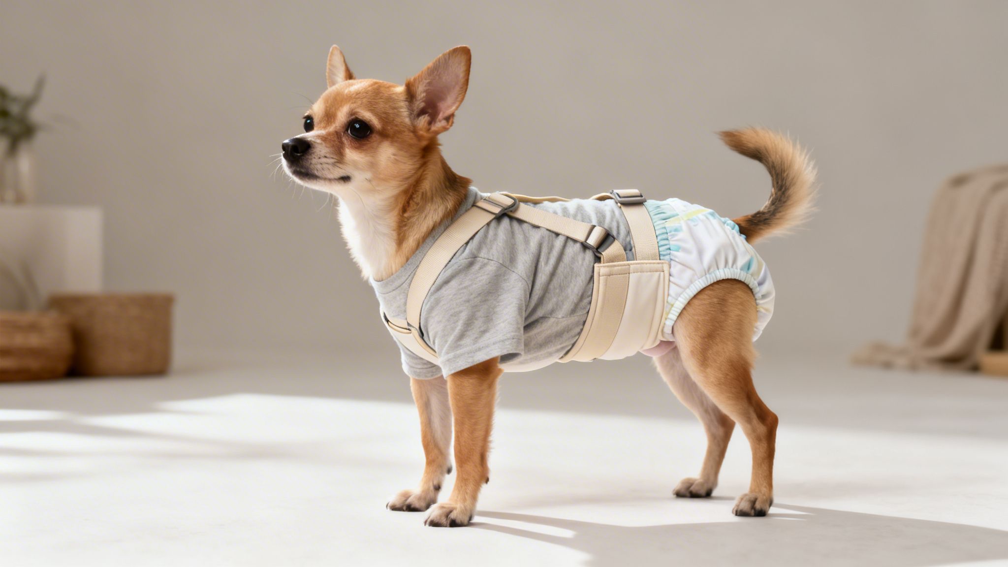 A small brown chihuahua dog wearing a grey shirt, beige harness, and patterned diaper stands on a light floor.