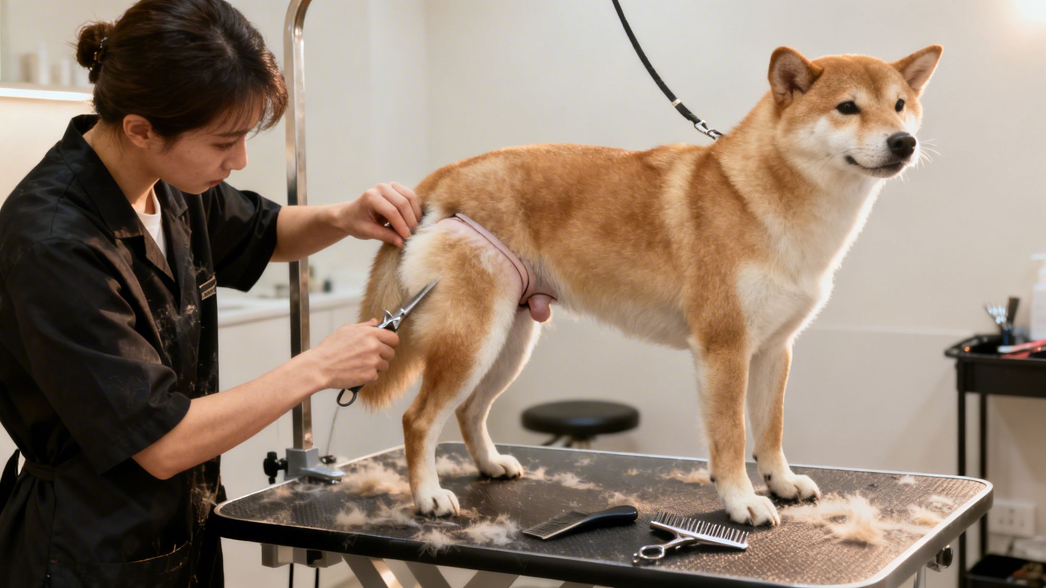 A groomer meticulously trims the fur of a Shiba Inu dog on a grooming table.