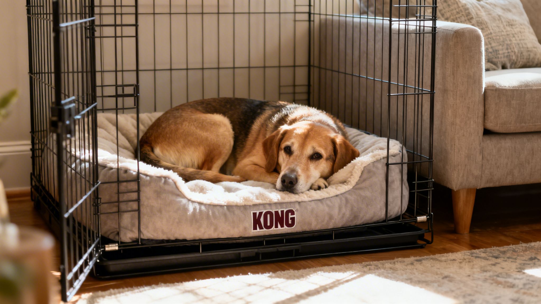 A brown and black dog rests comfortably on a KONG bed inside an open dog crate.