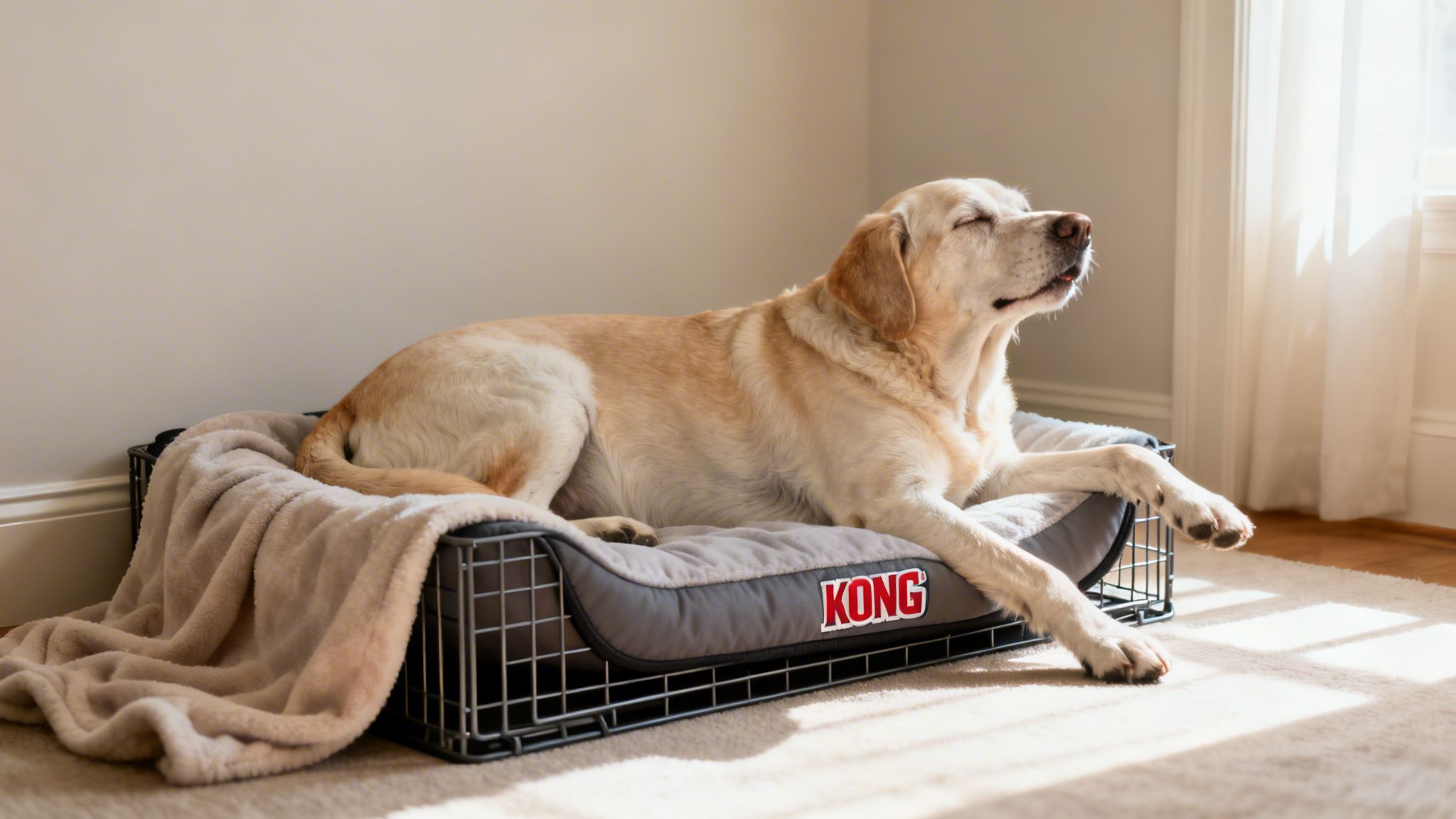 A relaxed yellow Labrador dog with closed eyes, resting comfortably in a KONG crate bed, bathed in sunlight.